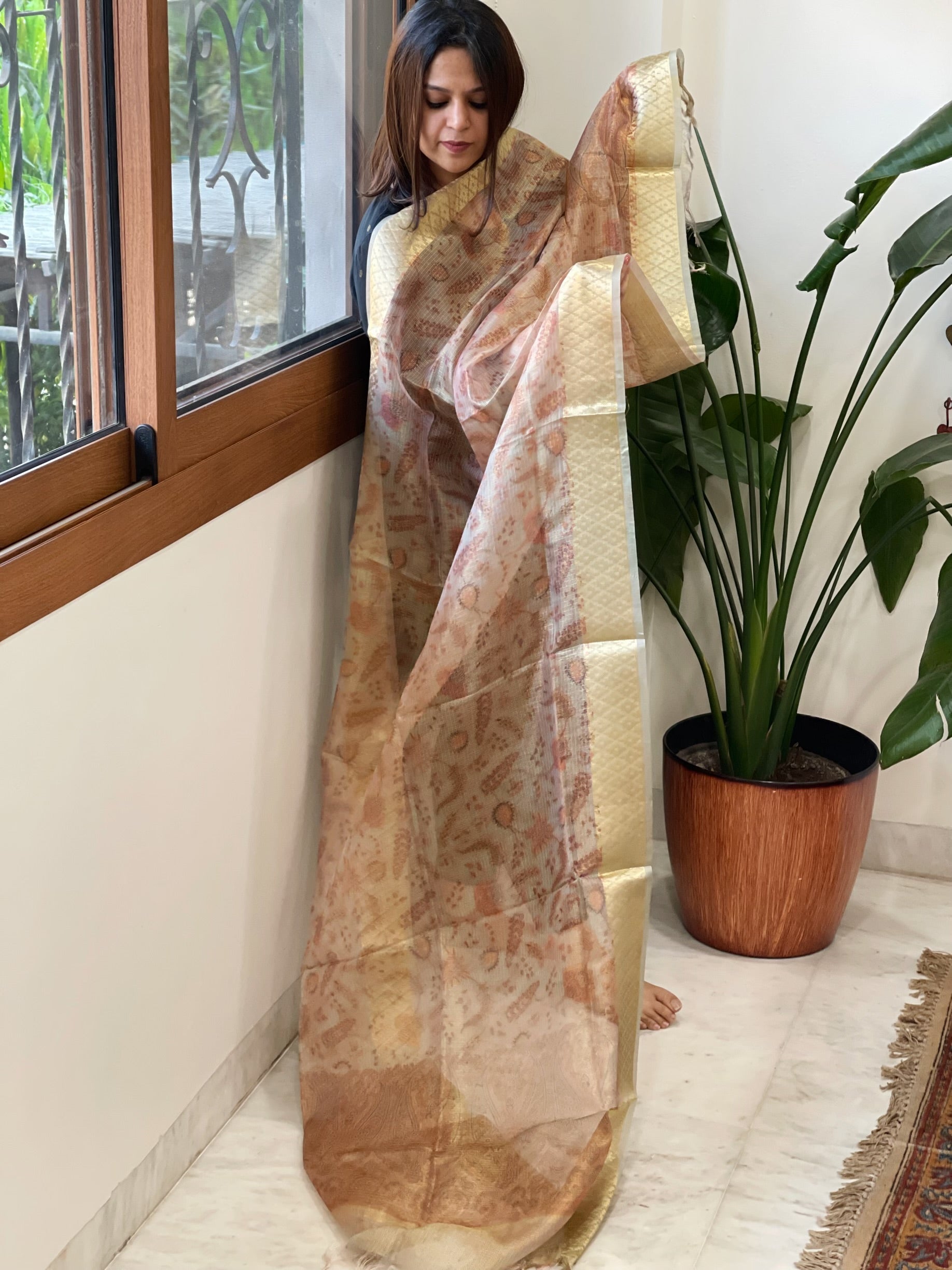 Printed Kota Tissue Dupatta with Zari Border - Masakalee