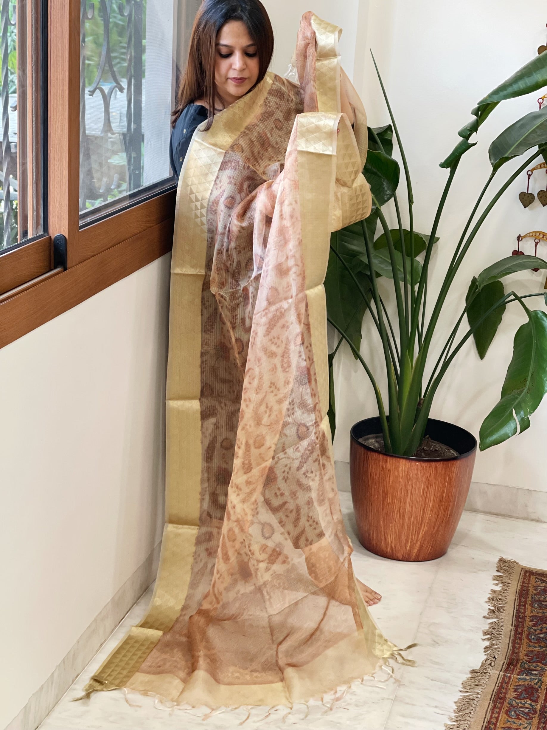 Printed Kota Tissue Dupatta with Zari Border - Masakalee