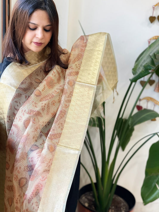 Printed Kota Tissue Dupatta with Zari Border - Masakalee