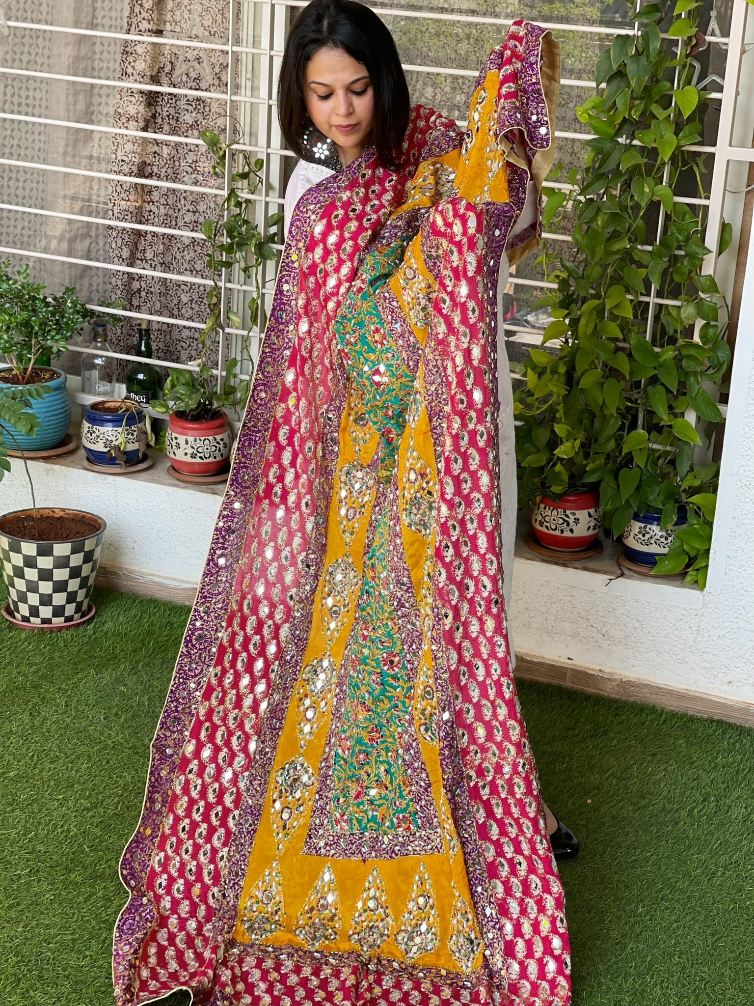 Pure Silk Dupatta with Beads, Sequin, Real Mirror Pasting Handwork - Masakalee