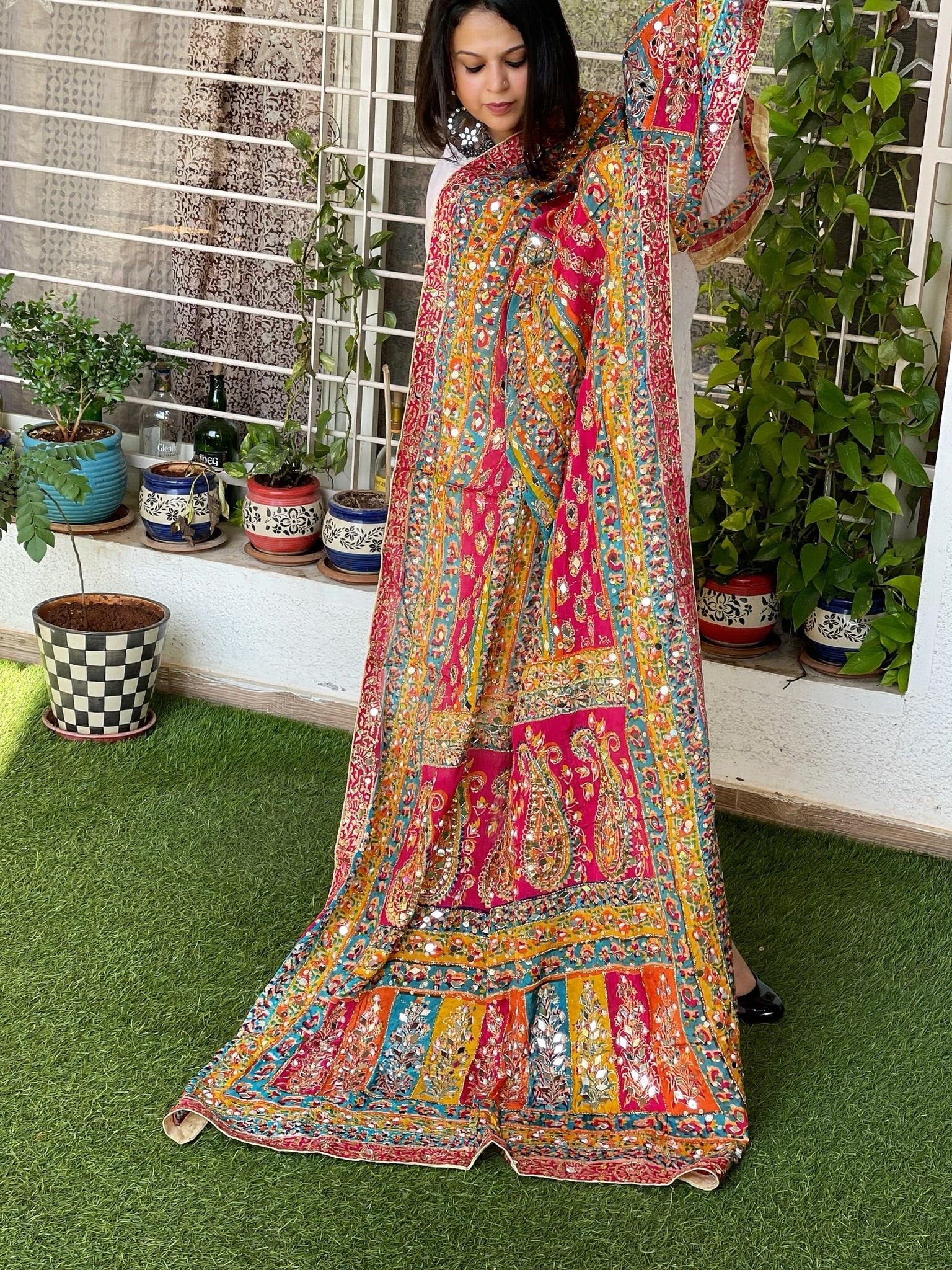 Pure Silk Dupatta with Beads, Sequin, Real Mirror Pasting Handwork - Masakalee