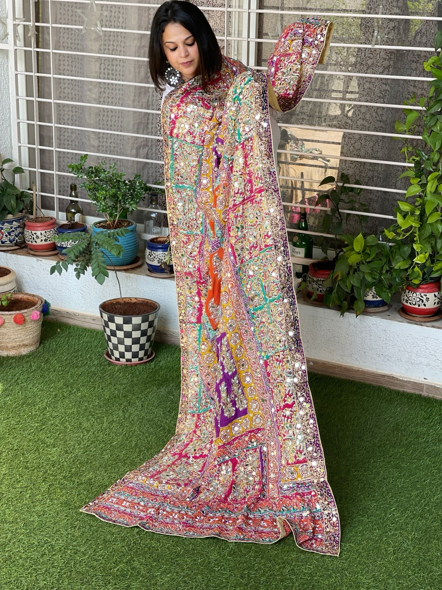 Pure Silk Dupatta with Beads, Sequin, Real Mirror Pasting Handwork - Masakalee