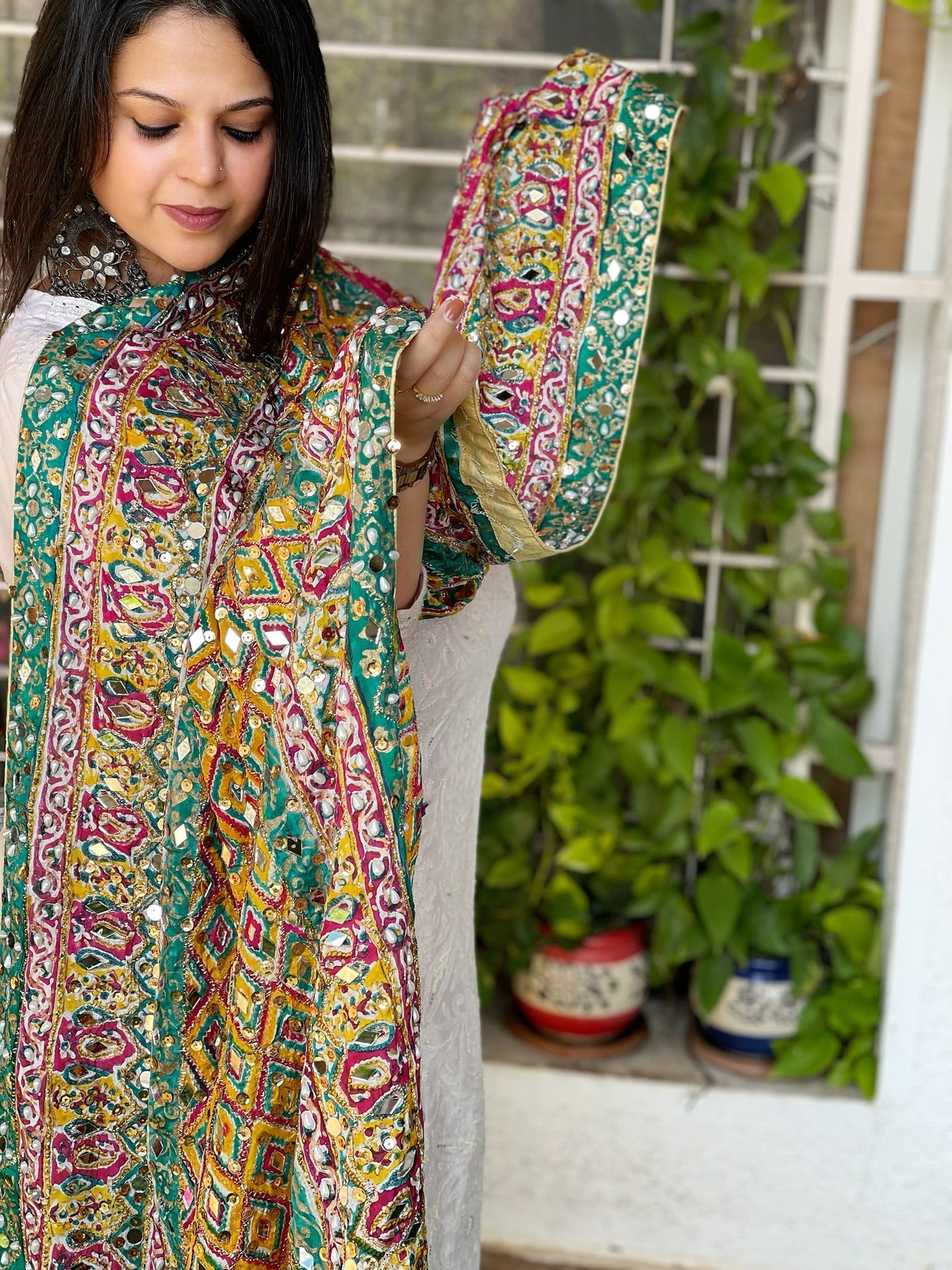 Pure Silk Dupatta with Beads, Sequin, Real Mirror Pasting Handwork - Masakalee