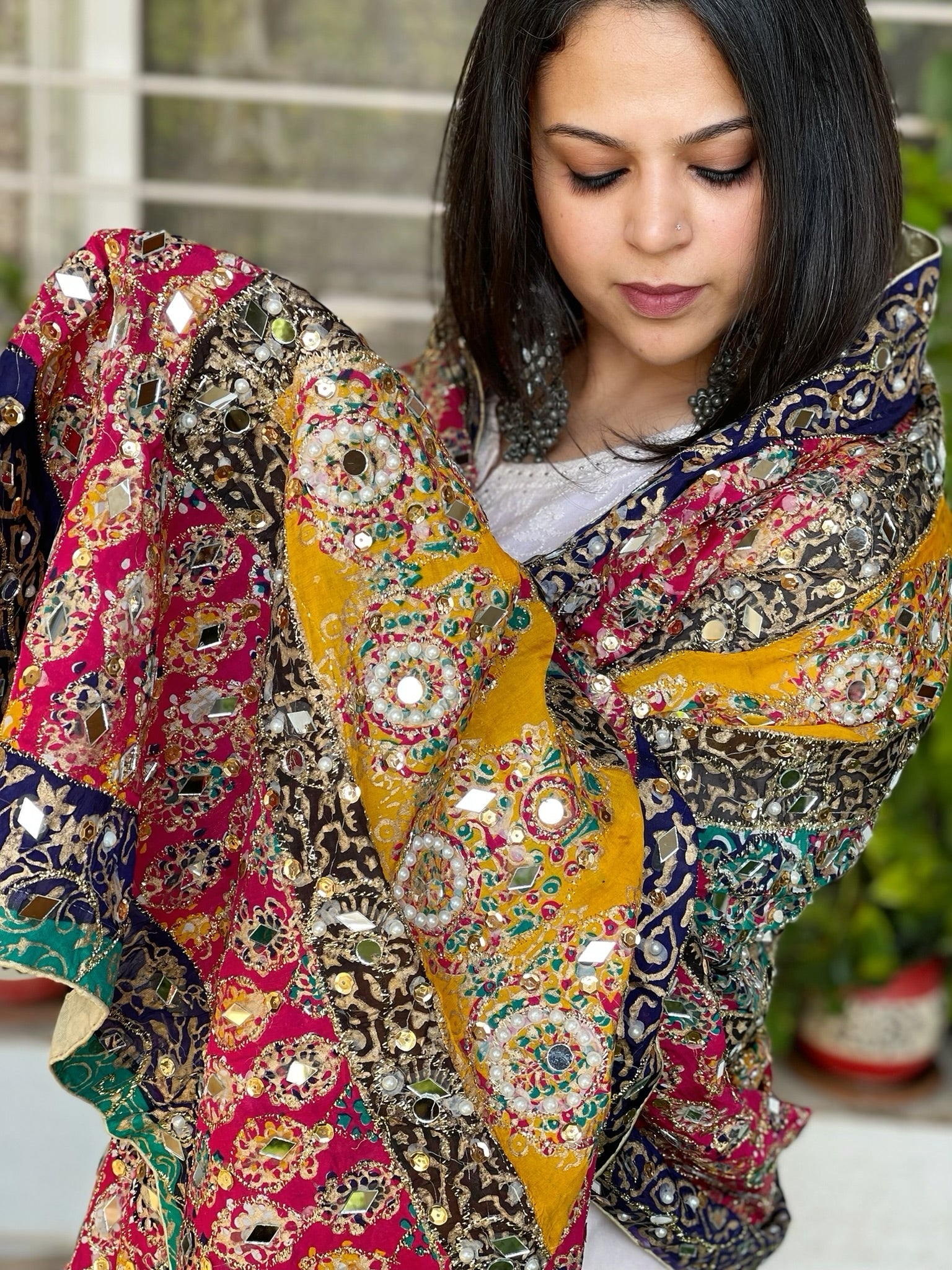 Pure Silk Dupatta with Beads, Sequin, Real Mirror Pasting Handwork - Masakalee