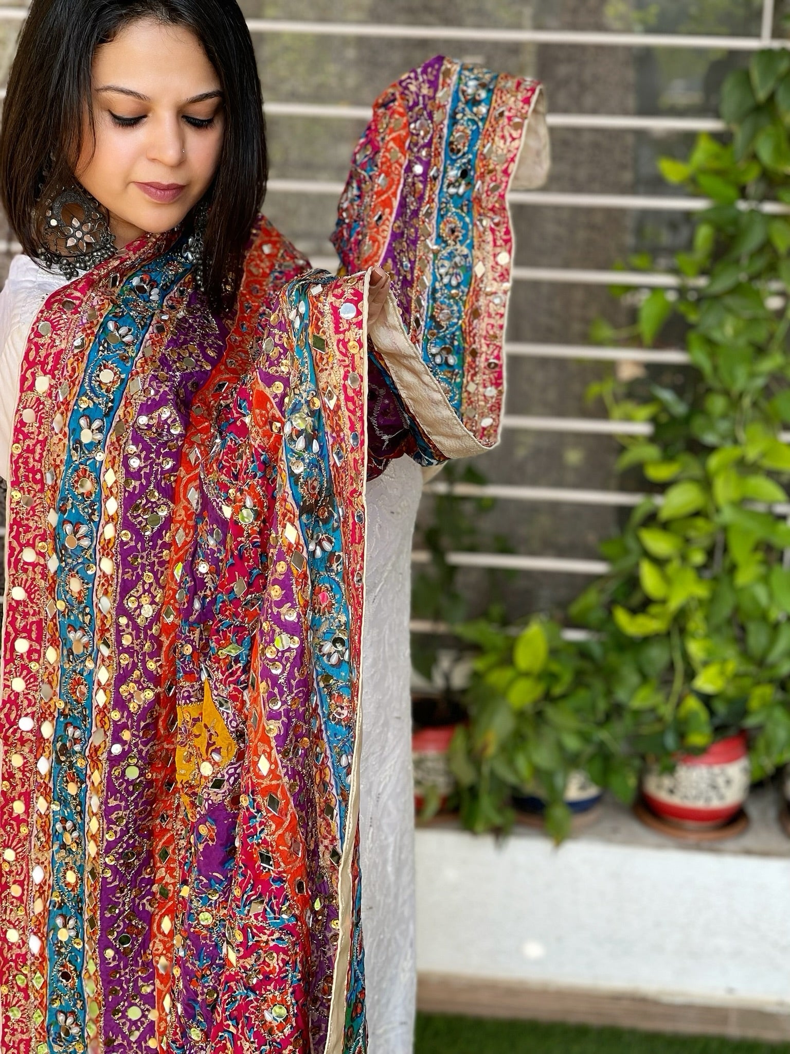 Pure Silk Dupatta with Beads, Sequin, Real Mirror Pasting Handwork - Masakalee