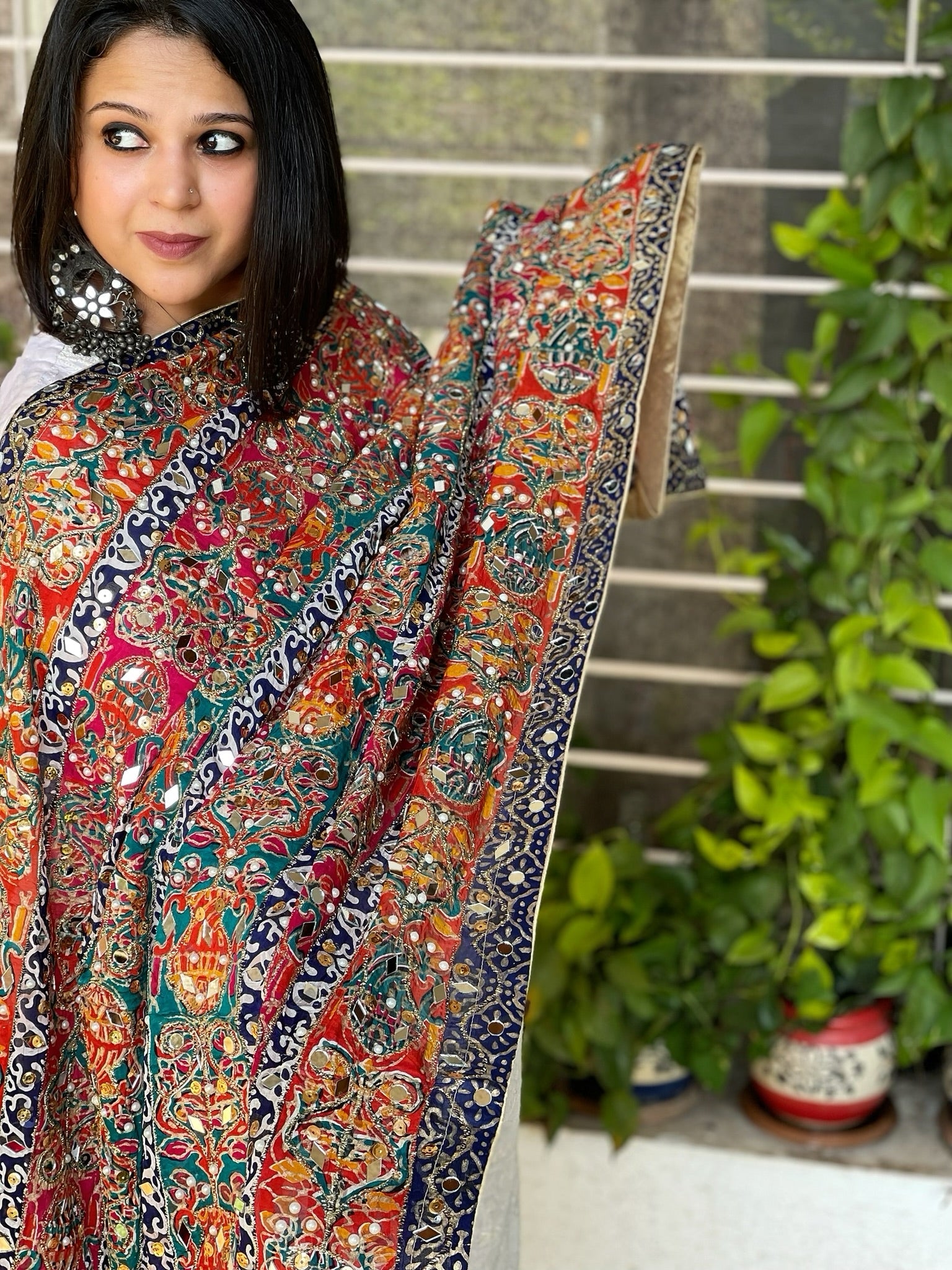 Pure Silk Dupatta with Beads, Sequin, Real Mirror Pasting Handwork - Masakalee