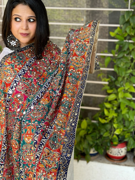 Pure Silk Dupatta with Beads, Sequin, Real Mirror Pasting Handwork - Masakalee