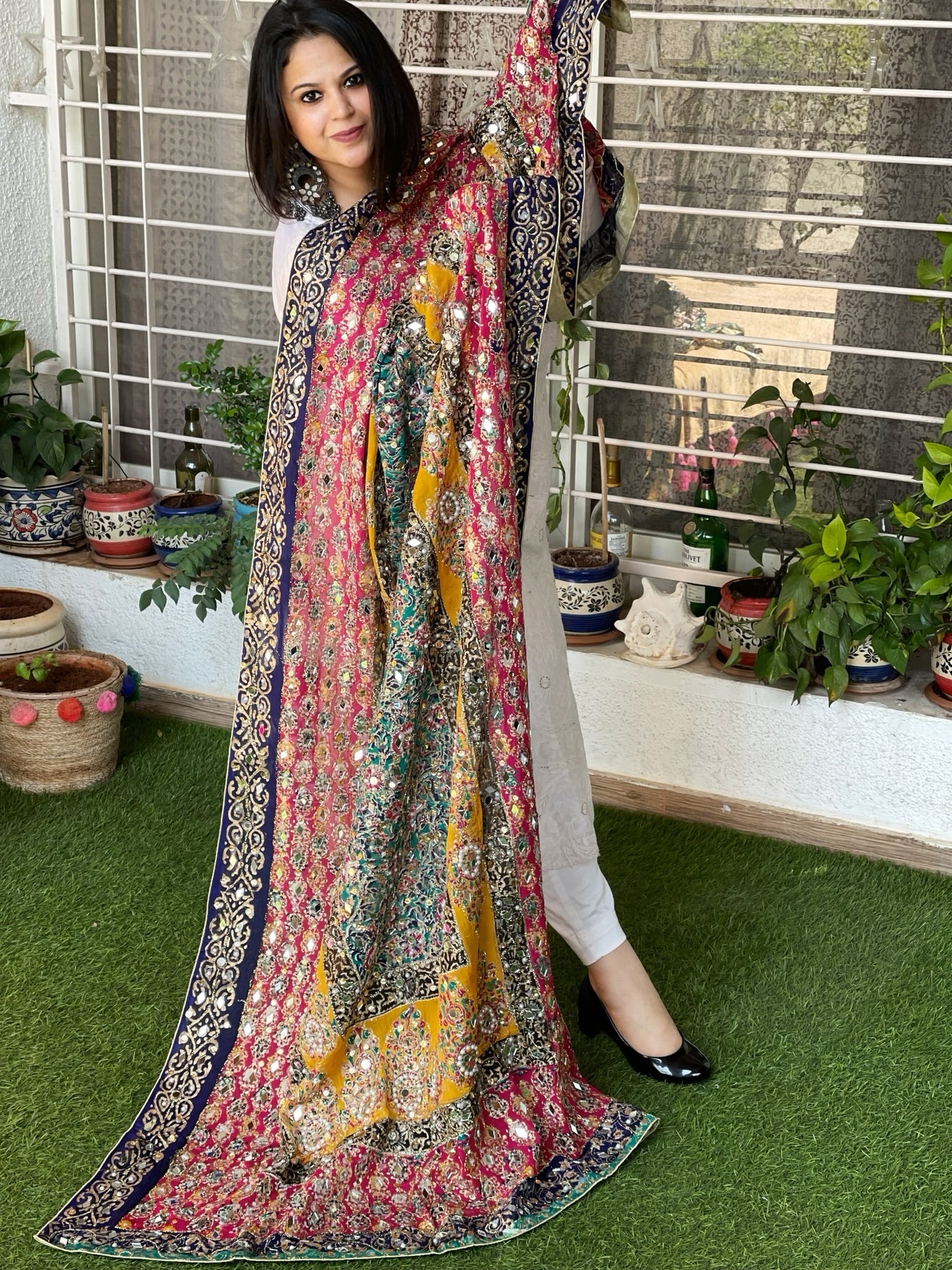 Pure Silk Dupatta with Beads, Sequin, Real Mirror Pasting Handwork - Masakalee