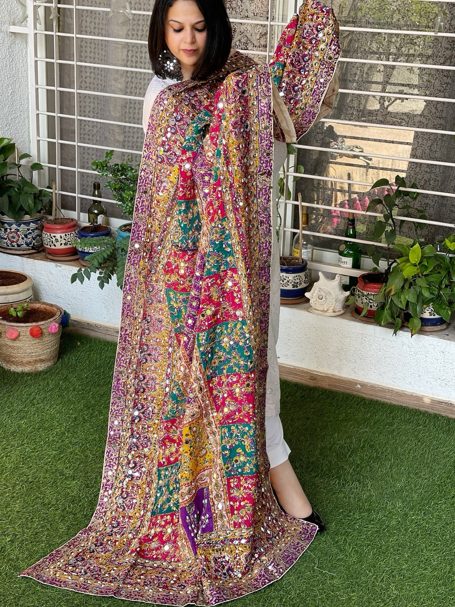 Pure Silk Dupatta with Beads, Sequin, Real Mirror Pasting Handwork - Masakalee