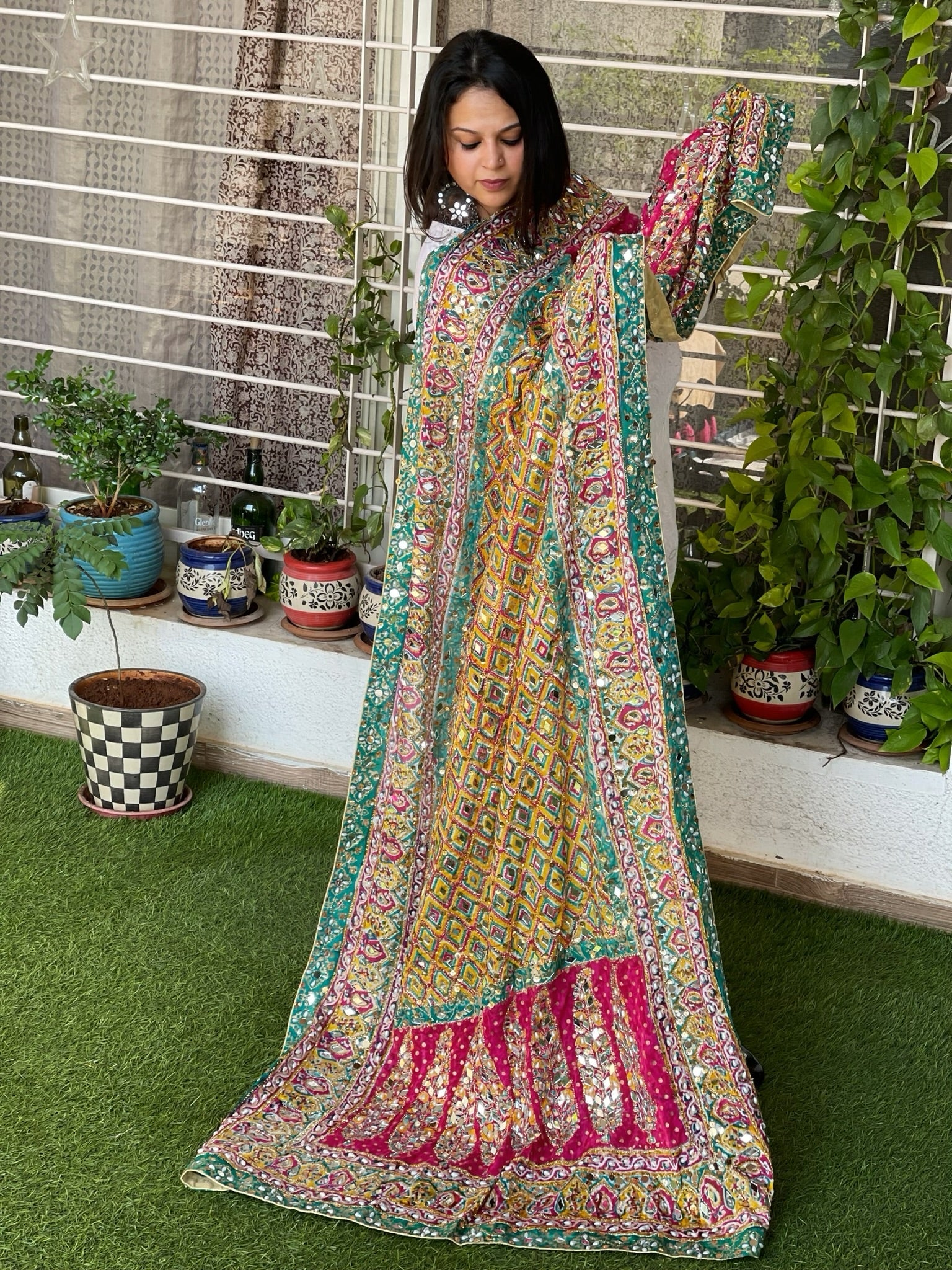 Pure Silk Dupatta with Beads, Sequin, Real Mirror Pasting Handwork - Masakalee