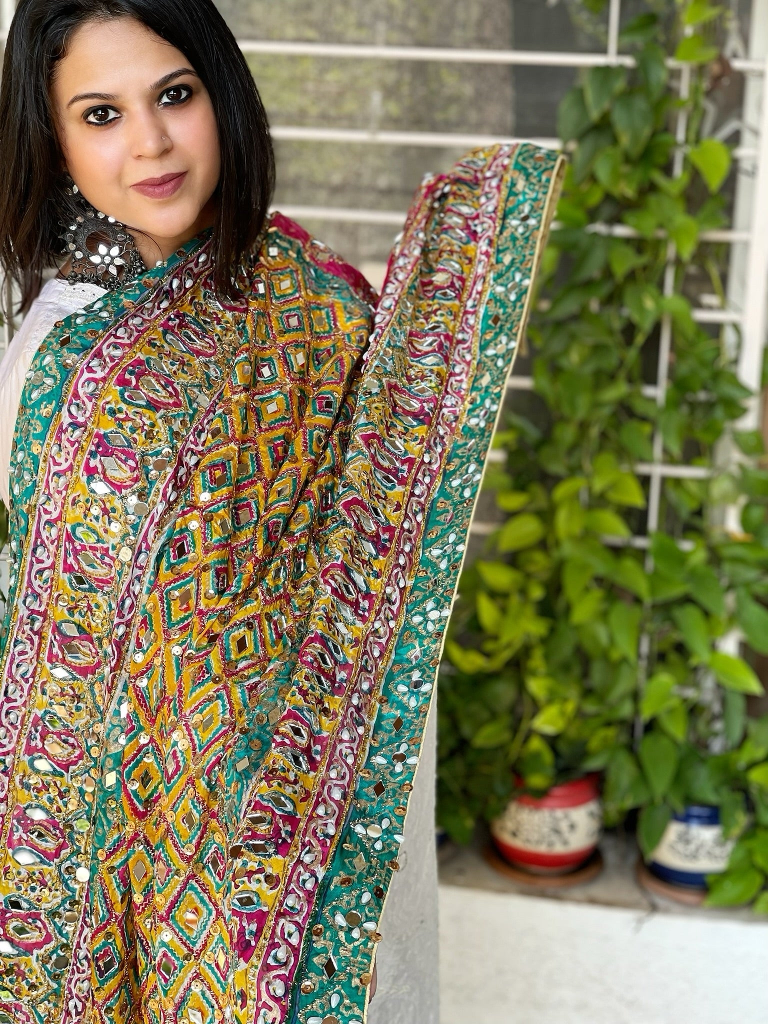 Pure Silk Dupatta with Beads, Sequin, Real Mirror Pasting Handwork - Masakalee