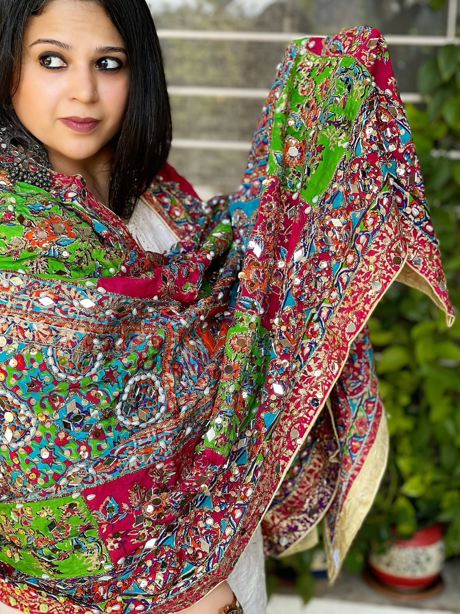 Pure Silk Dupatta with Beads, Sequin, Real Mirror Pasting Handwork - Masakalee