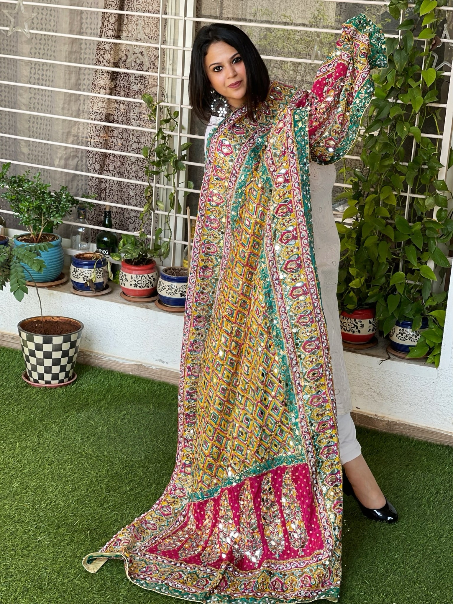 Pure Silk Dupatta with Beads, Sequin, Real Mirror Pasting Handwork - Masakalee