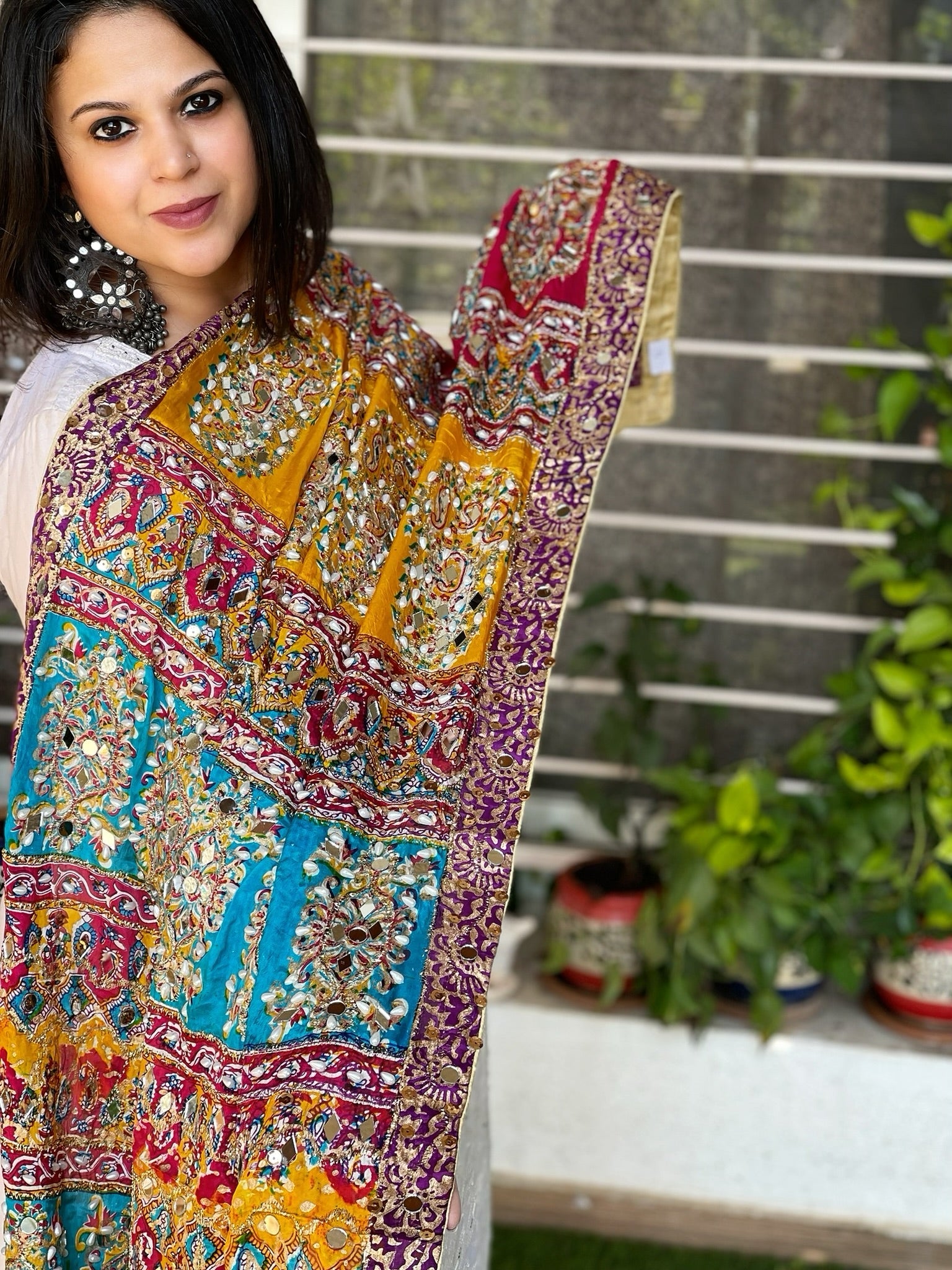 Pure Silk Dupatta with Beads, Sequin, Real Mirror Pasting Handwork - Masakalee