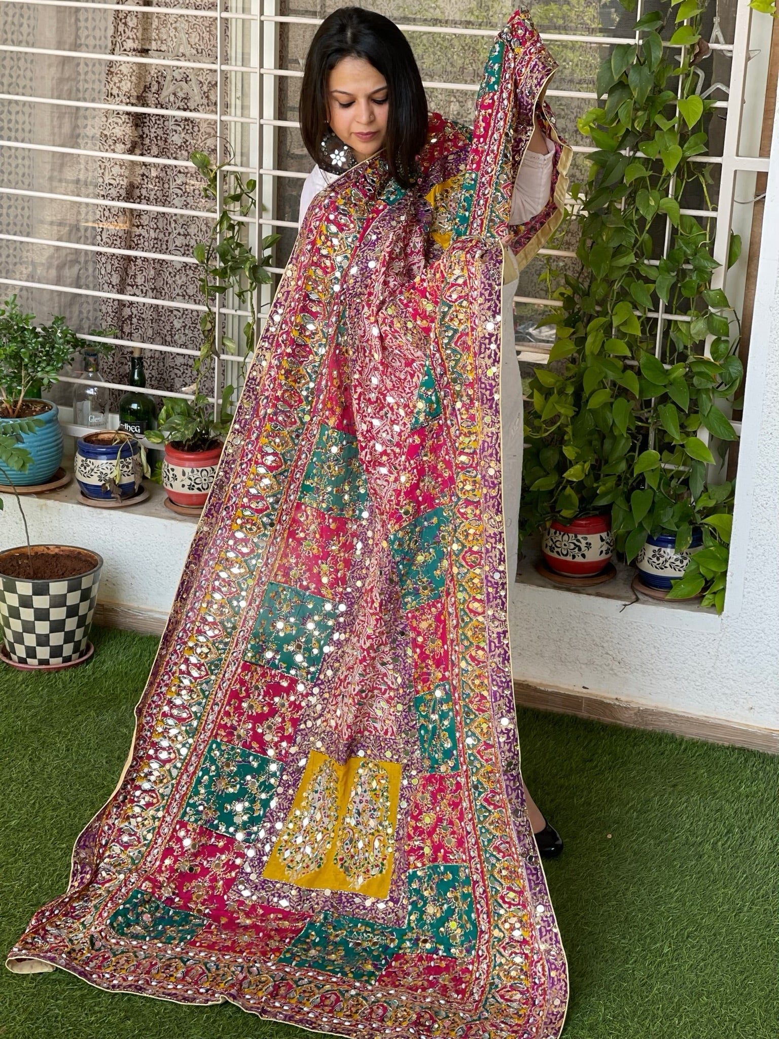 Pure Silk Dupatta with Beads, Sequin, Real Mirror Pasting Handwork - Masakalee