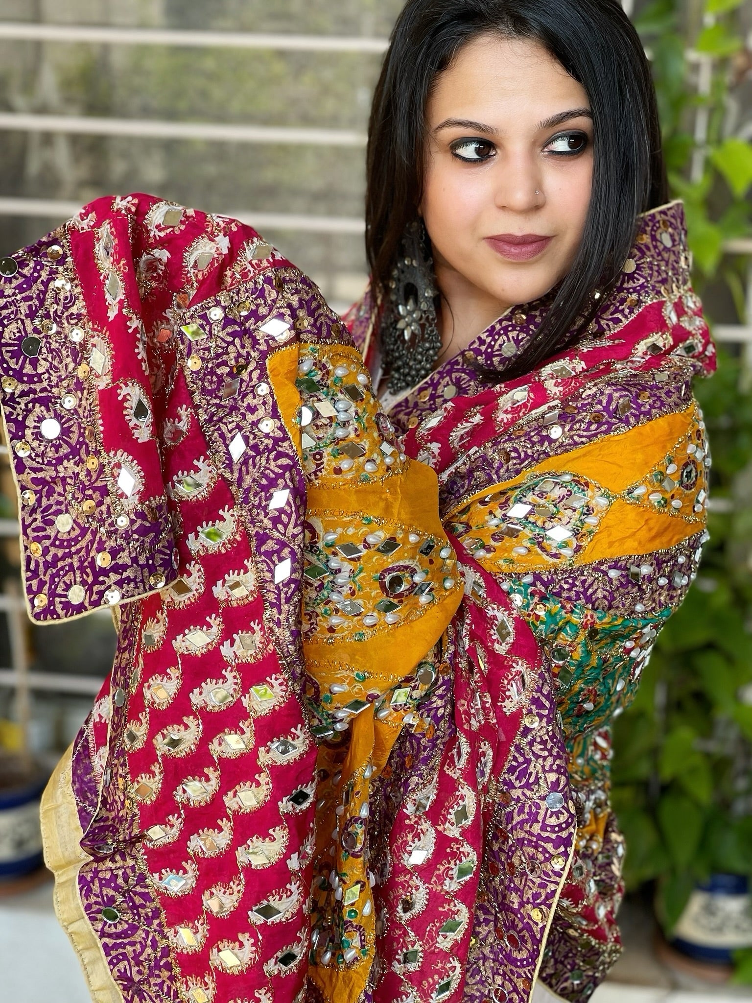 Pure Silk Dupatta with Beads, Sequin, Real Mirror Pasting Handwork - Masakalee