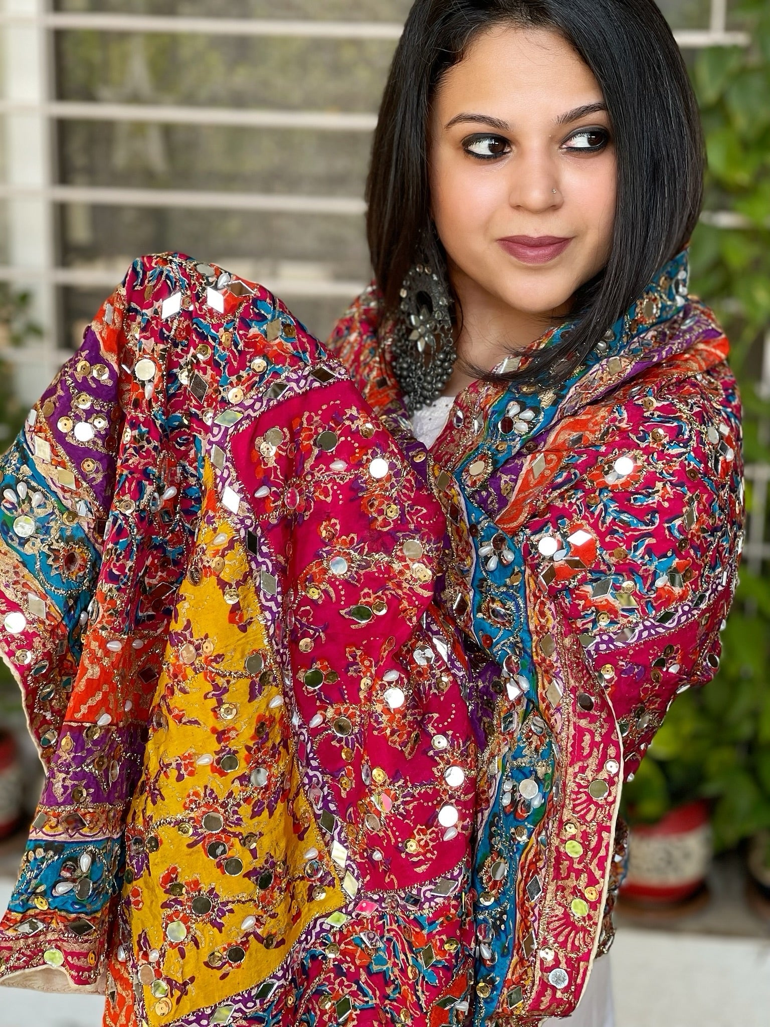 Pure Silk Dupatta with Beads, Sequin, Real Mirror Pasting Handwork - Masakalee