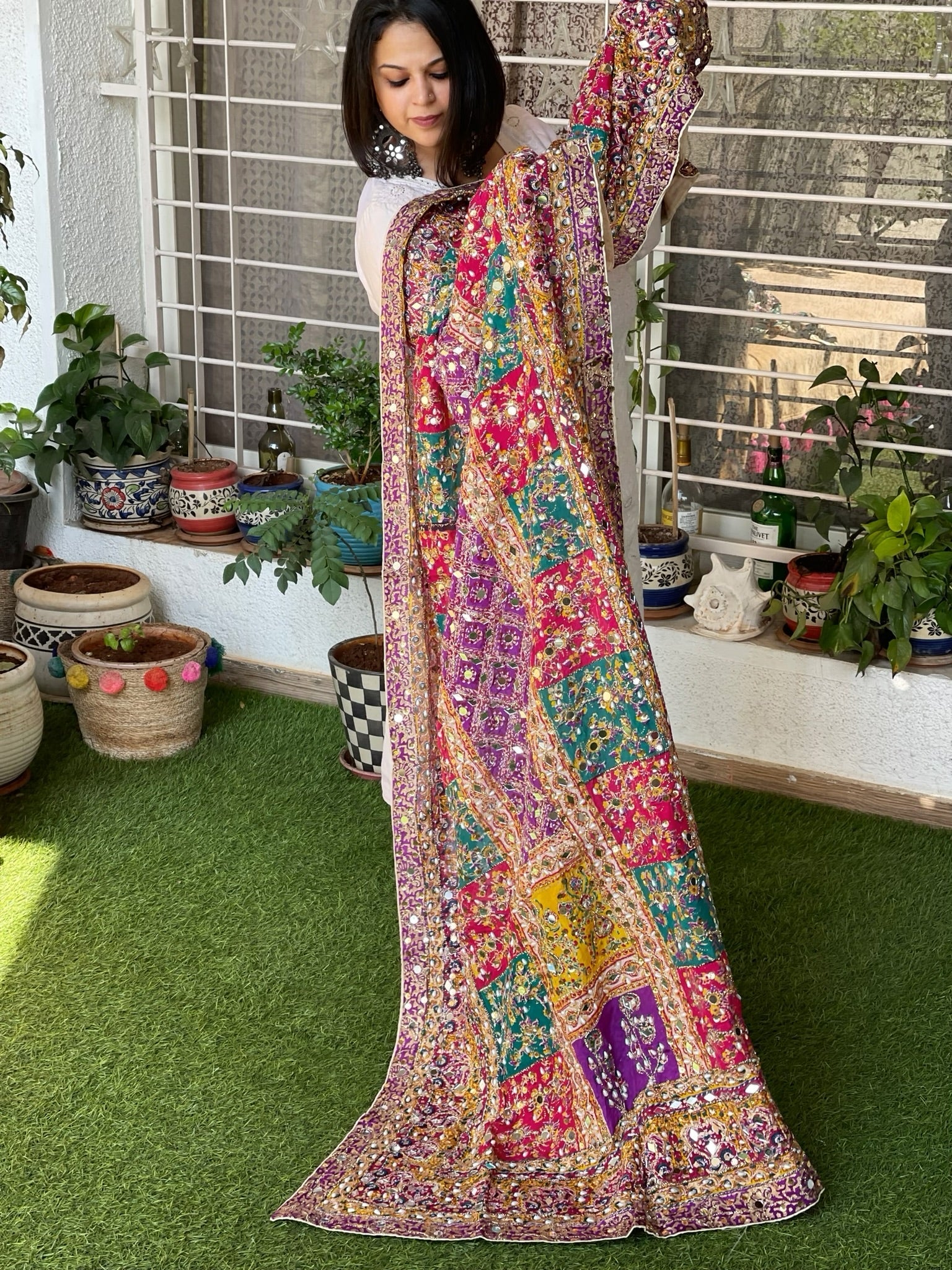 Pure Silk Dupatta with Beads, Sequin, Real Mirror Pasting Handwork - Masakalee