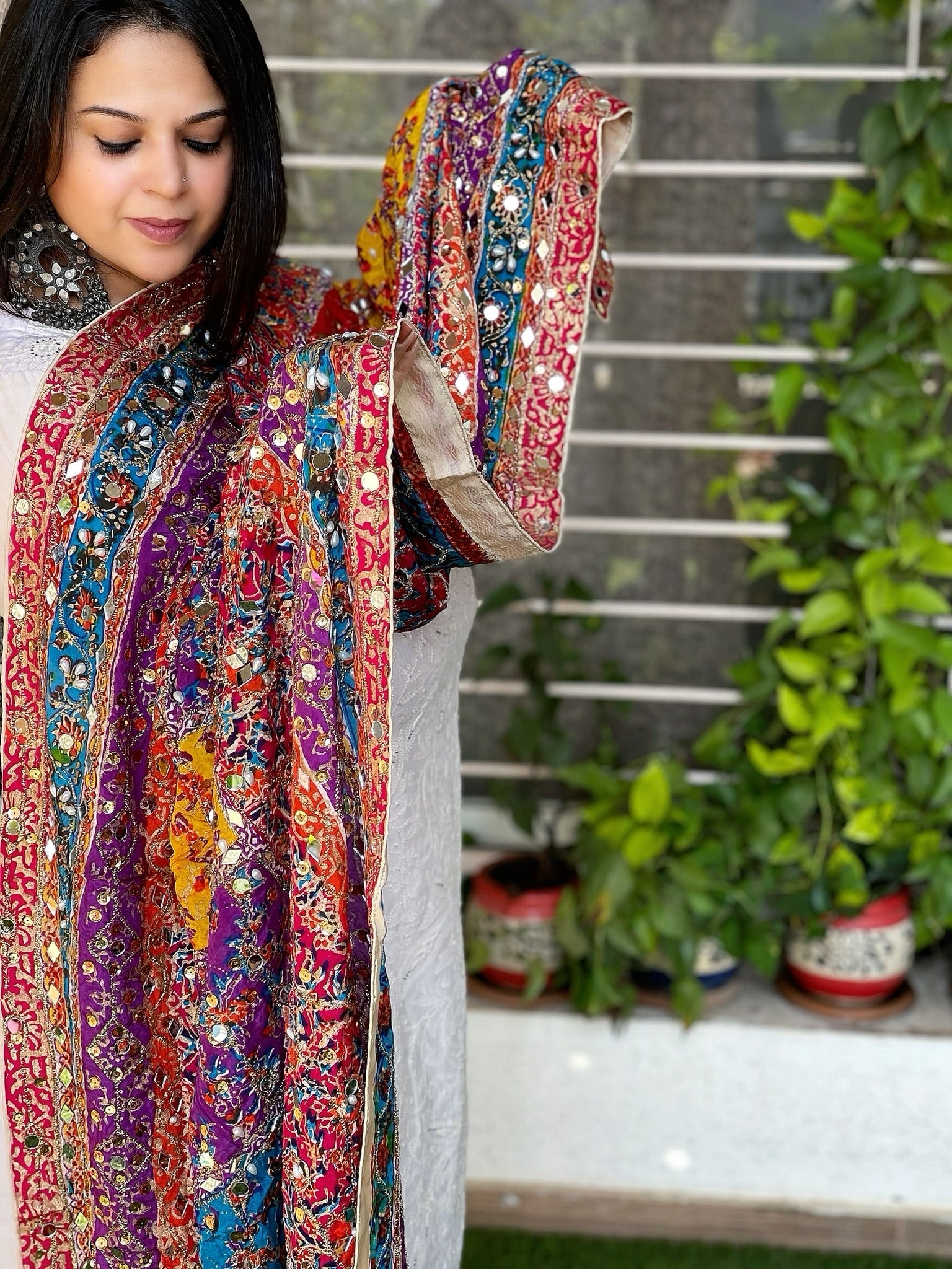 Pure Silk Dupatta with Beads, Sequin, Real Mirror Pasting Handwork - Masakalee