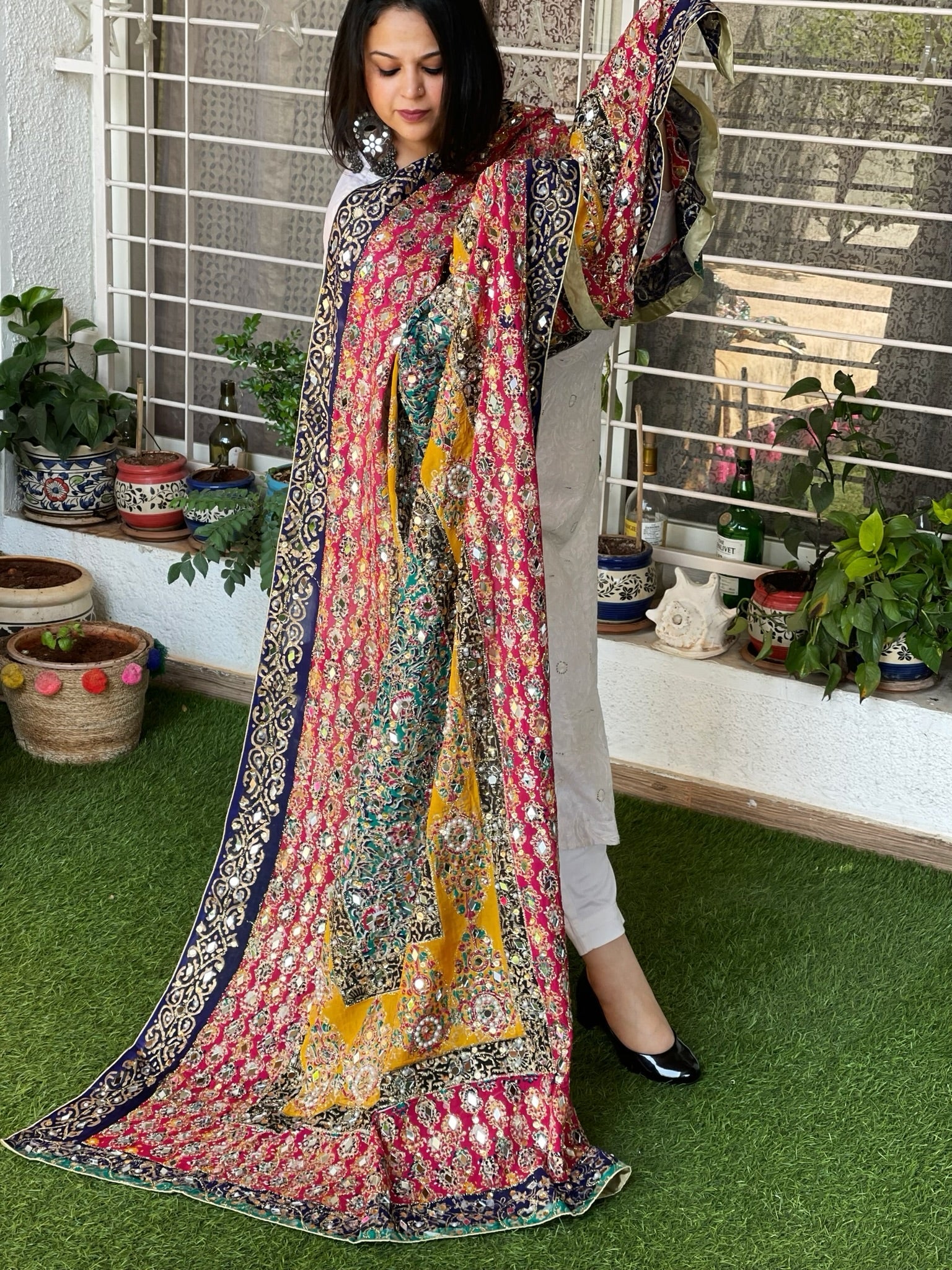 Pure Silk Dupatta with Beads, Sequin, Real Mirror Pasting Handwork - Masakalee