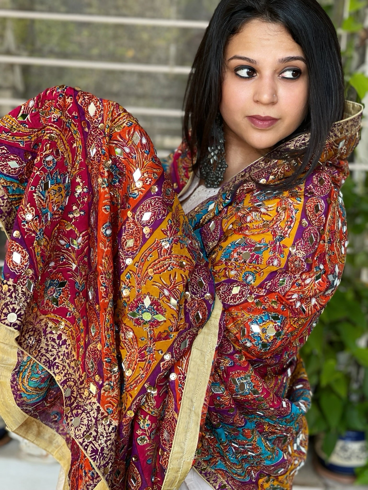 Pure Silk Dupatta with Beads, Sequin, Real Mirror Pasting Handwork - Masakalee