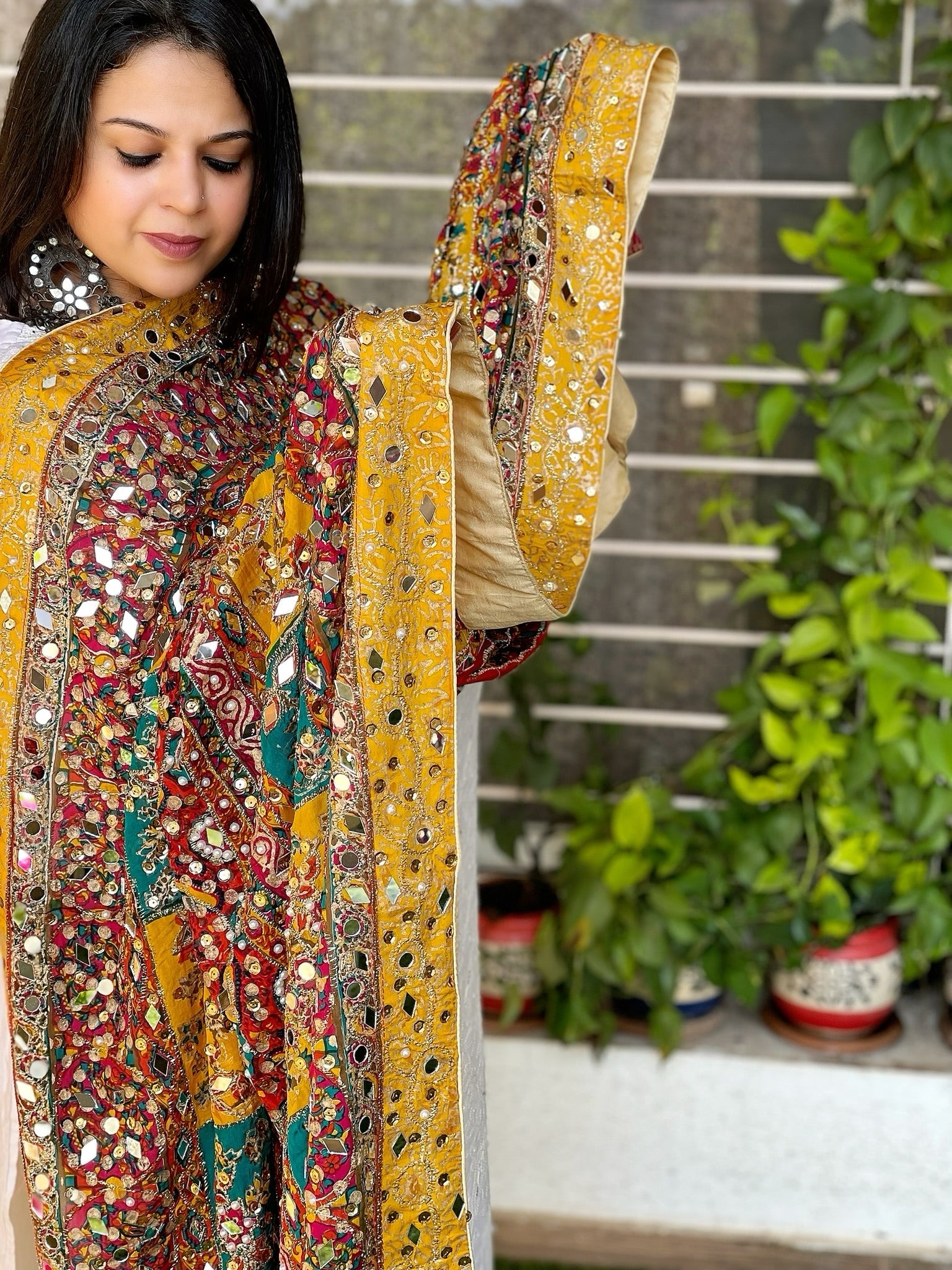 Pure Silk Dupatta with Beads, Sequin, Real Mirror Pasting Handwork - Masakalee