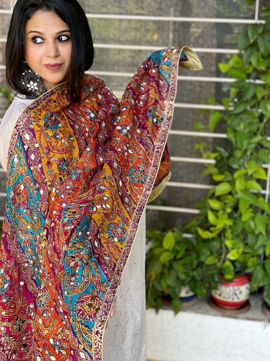 Pure Silk Dupatta with Beads, Sequin, Real Mirror Pasting Handwork - Masakalee