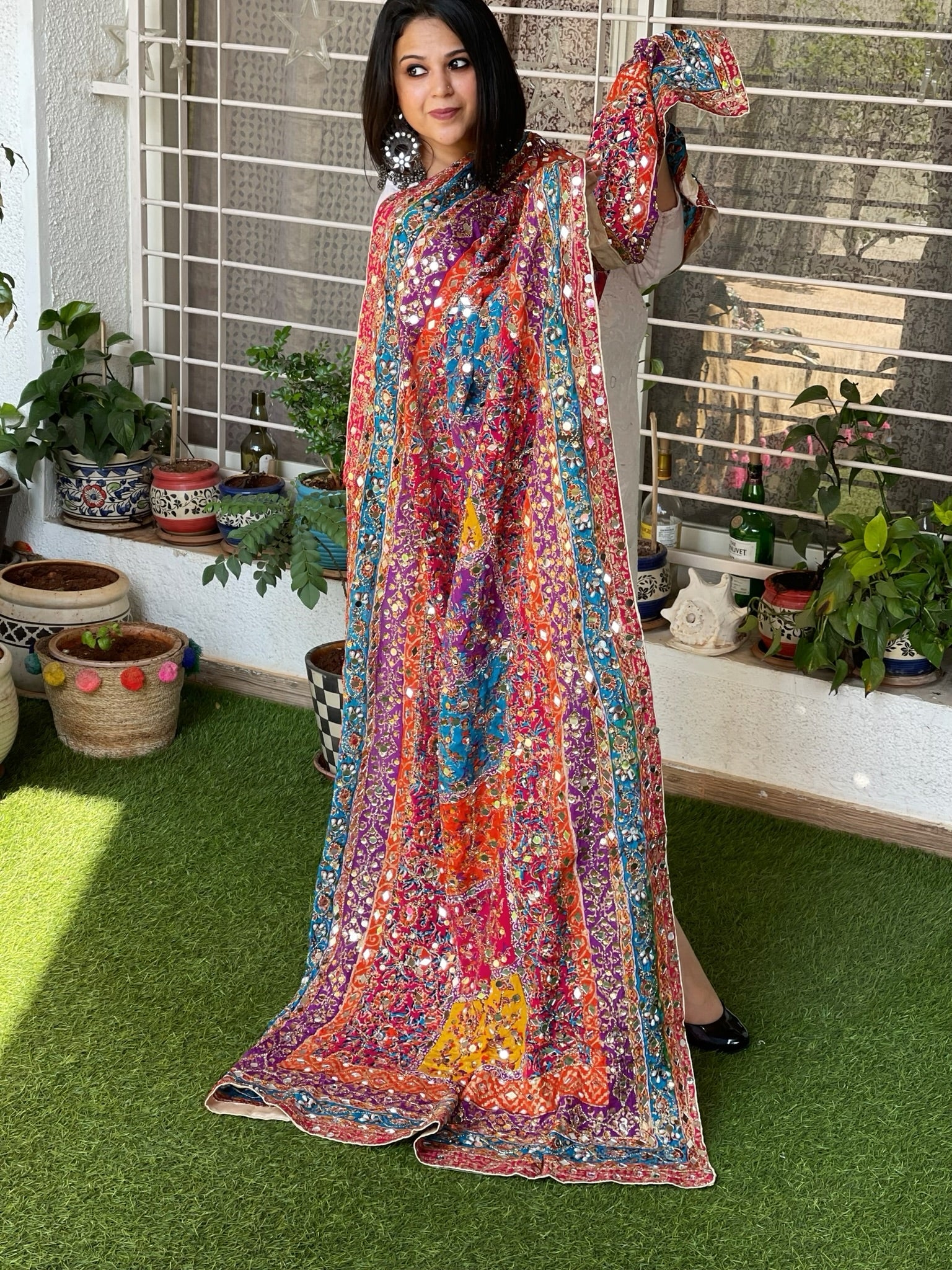 Pure Silk Dupatta with Beads, Sequin, Real Mirror Pasting Handwork - Masakalee