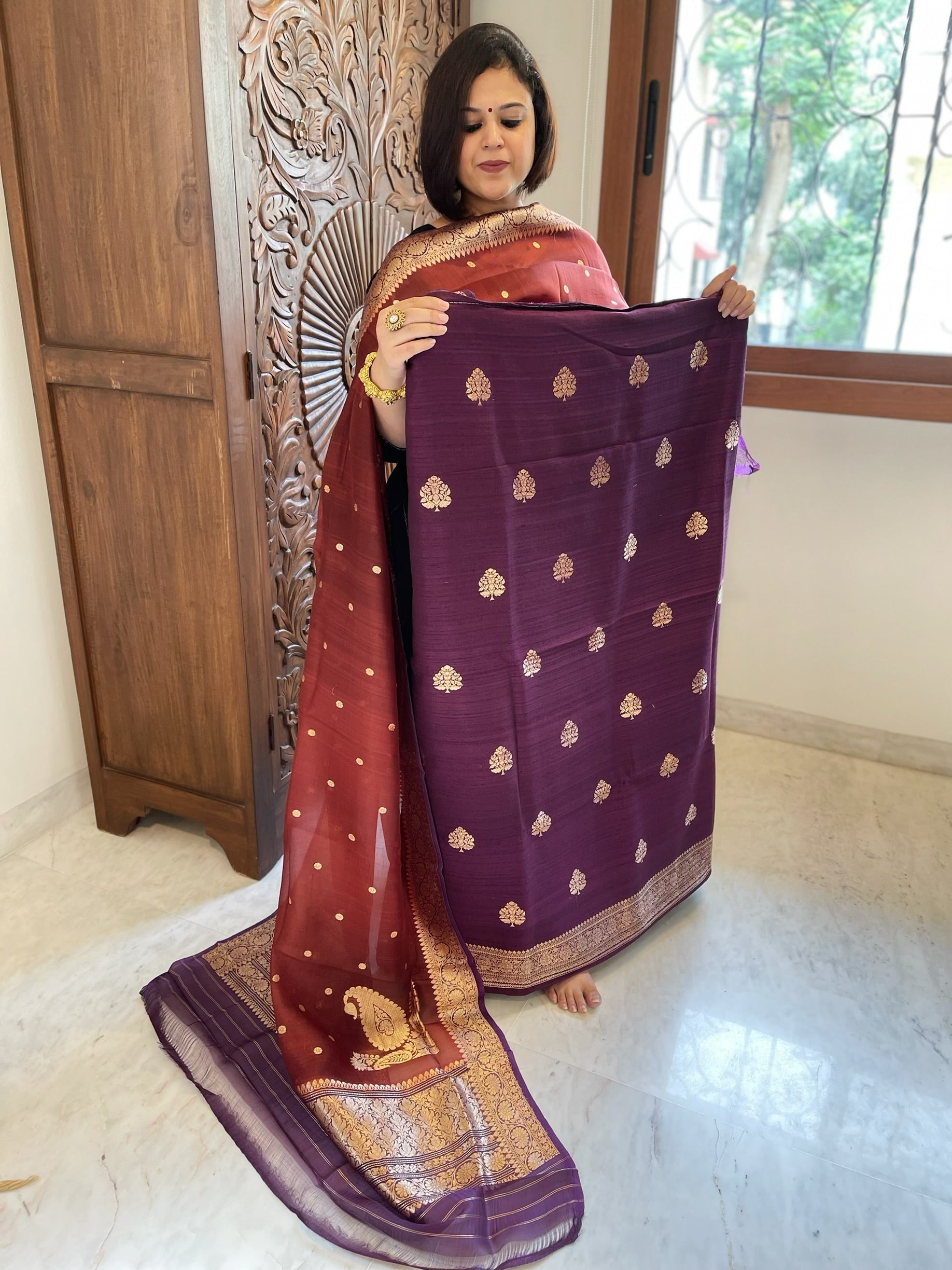 Purple Banarasi Suit Set in Pure Raw Silk with Pure Organza Zari Dupatta - Masakalee
