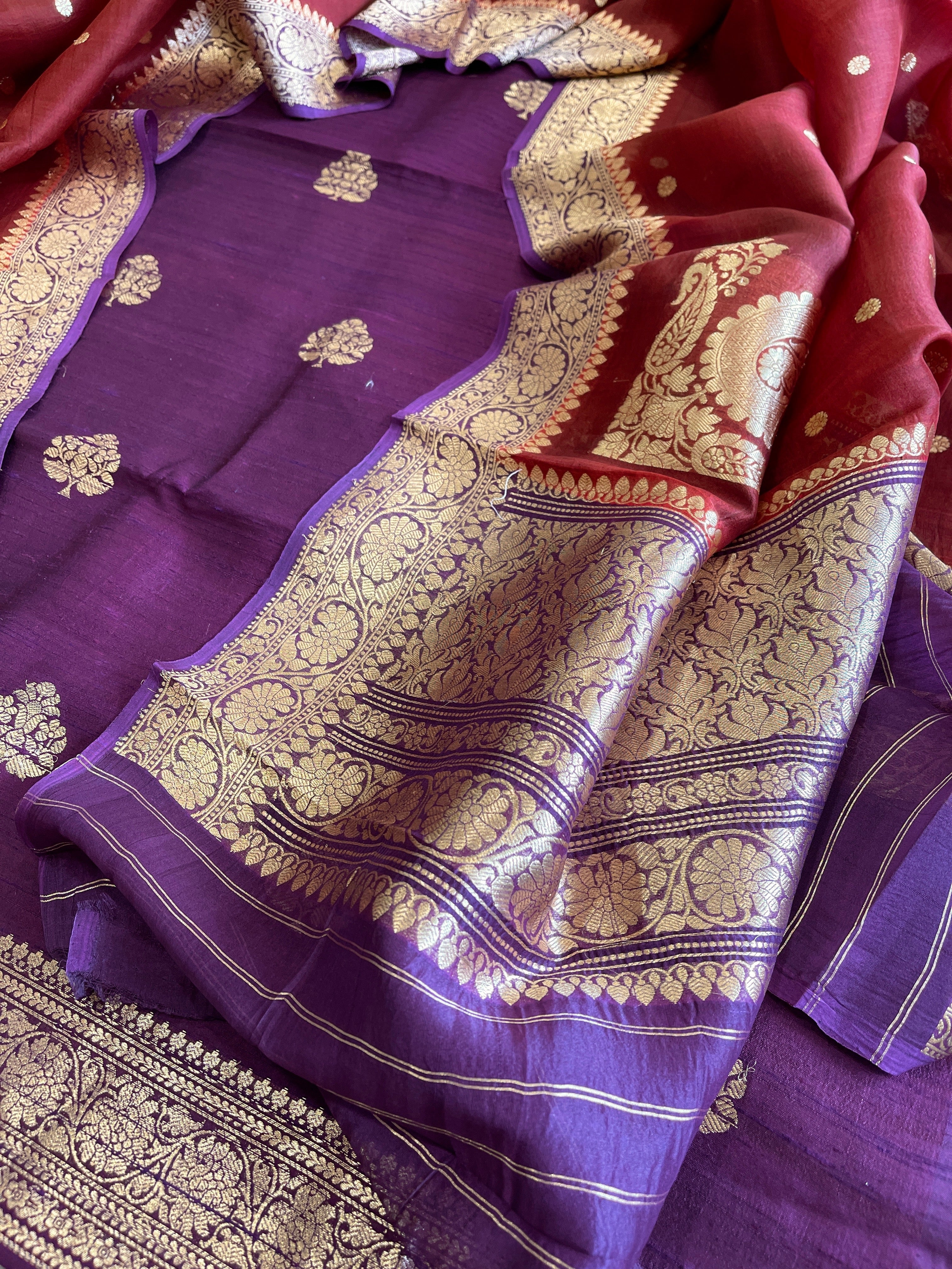 Purple Banarasi Suit Set in Pure Raw Silk with Pure Organza Zari Dupatta - Masakalee
