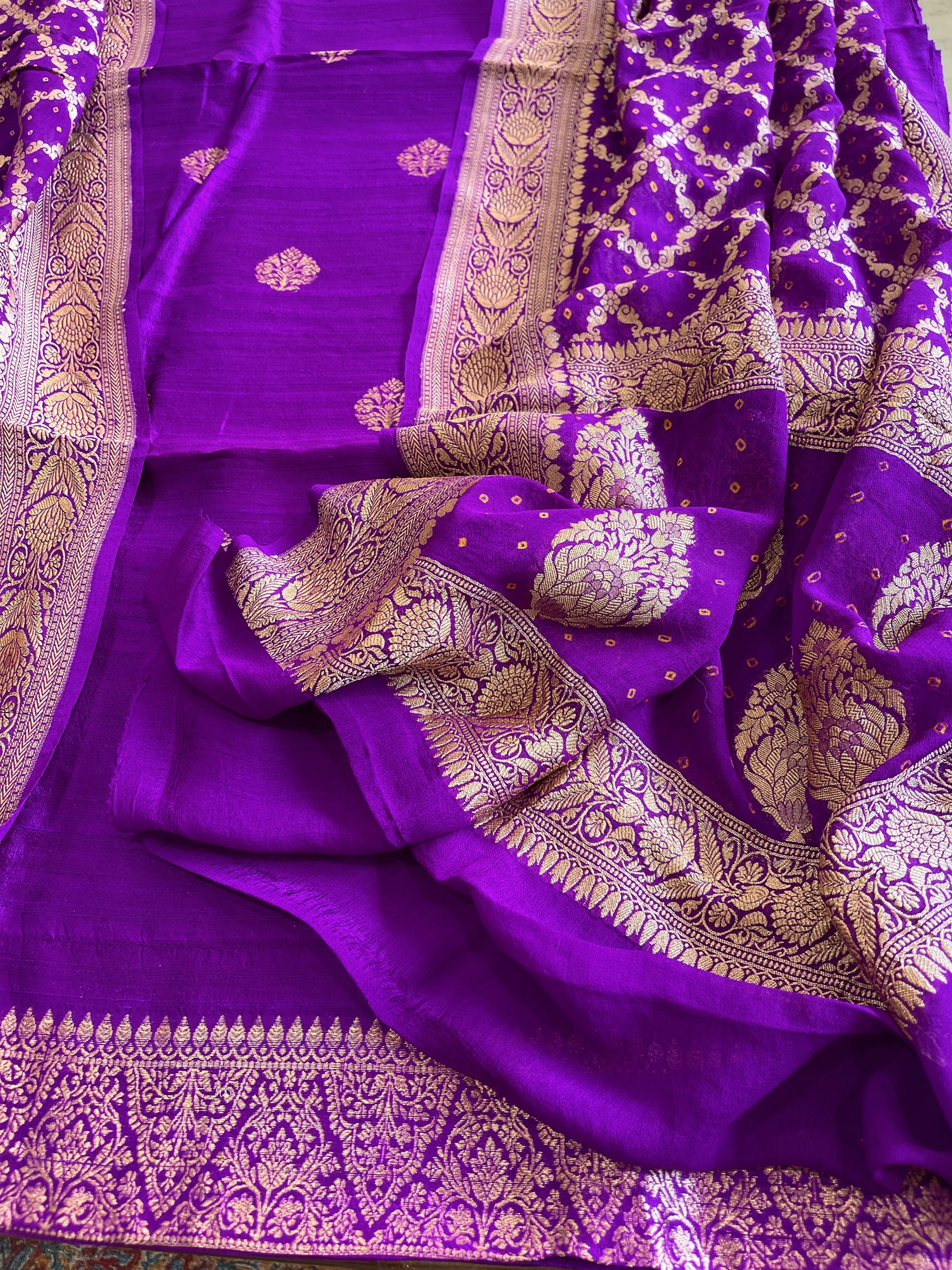 Purple Banarasi Suit Set in Raw Silk with Neemzari Bandhani Dupatta - Masakalee