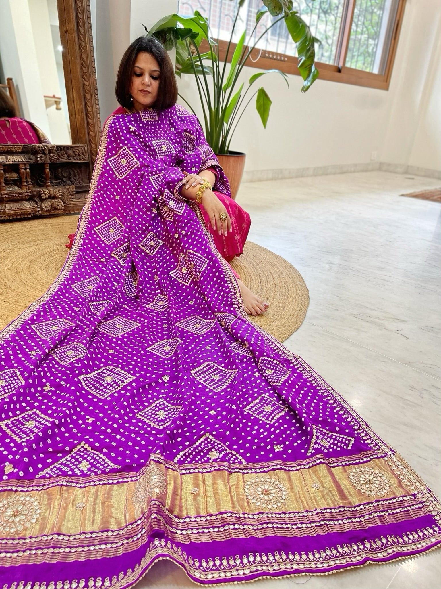 Purple Bandhani Dupatta with Gotapatti Handwork in Pure Silk - Masakalee