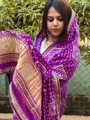 Purple Bandhani Dupatta with Gotapatti Handwork in Pure Silk - Masakalee