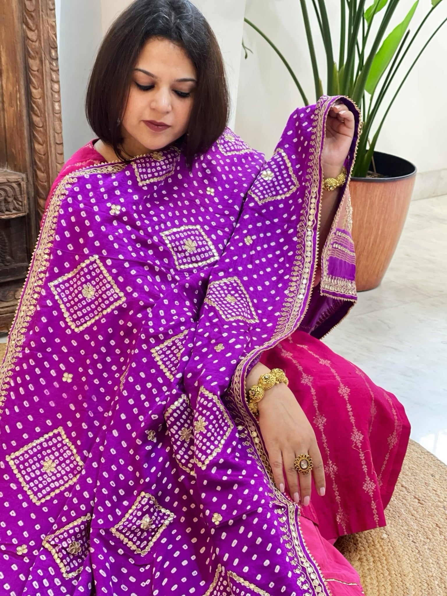 Purple Bandhani Dupatta with Gotapatti Handwork in Pure Silk - Masakalee