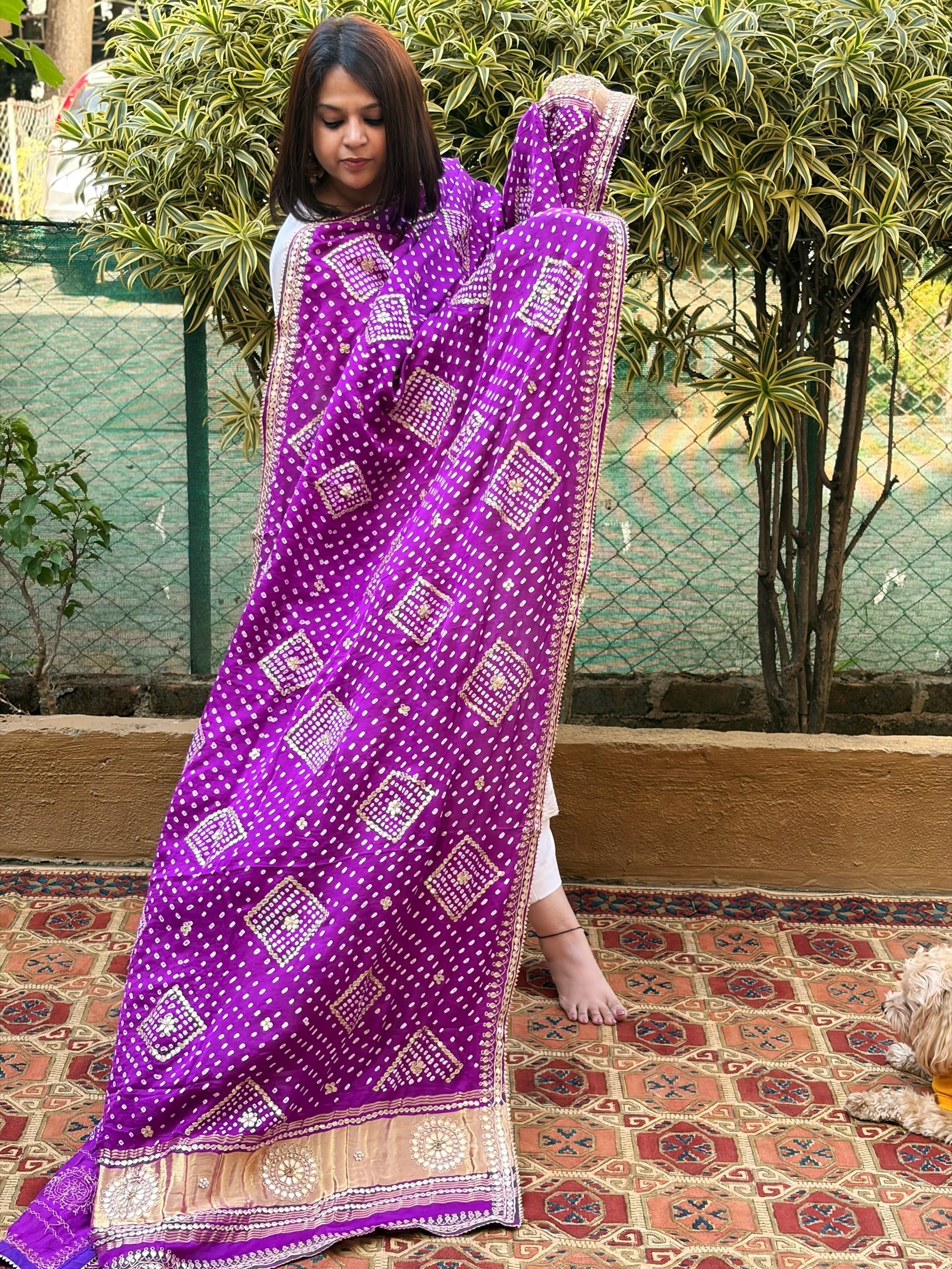 Purple Bandhani Dupatta with Gotapatti Handwork in Pure Silk - Masakalee