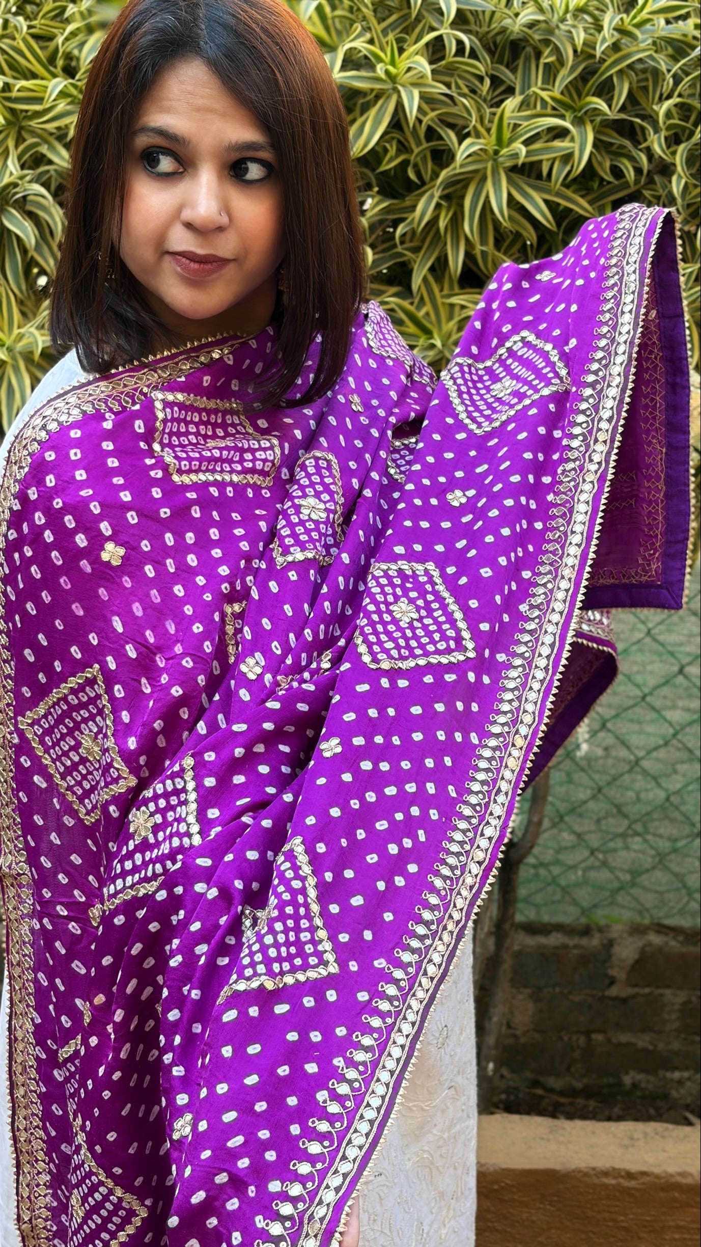 Purple Bandhani Dupatta with Gotapatti Handwork in Pure Silk - Masakalee