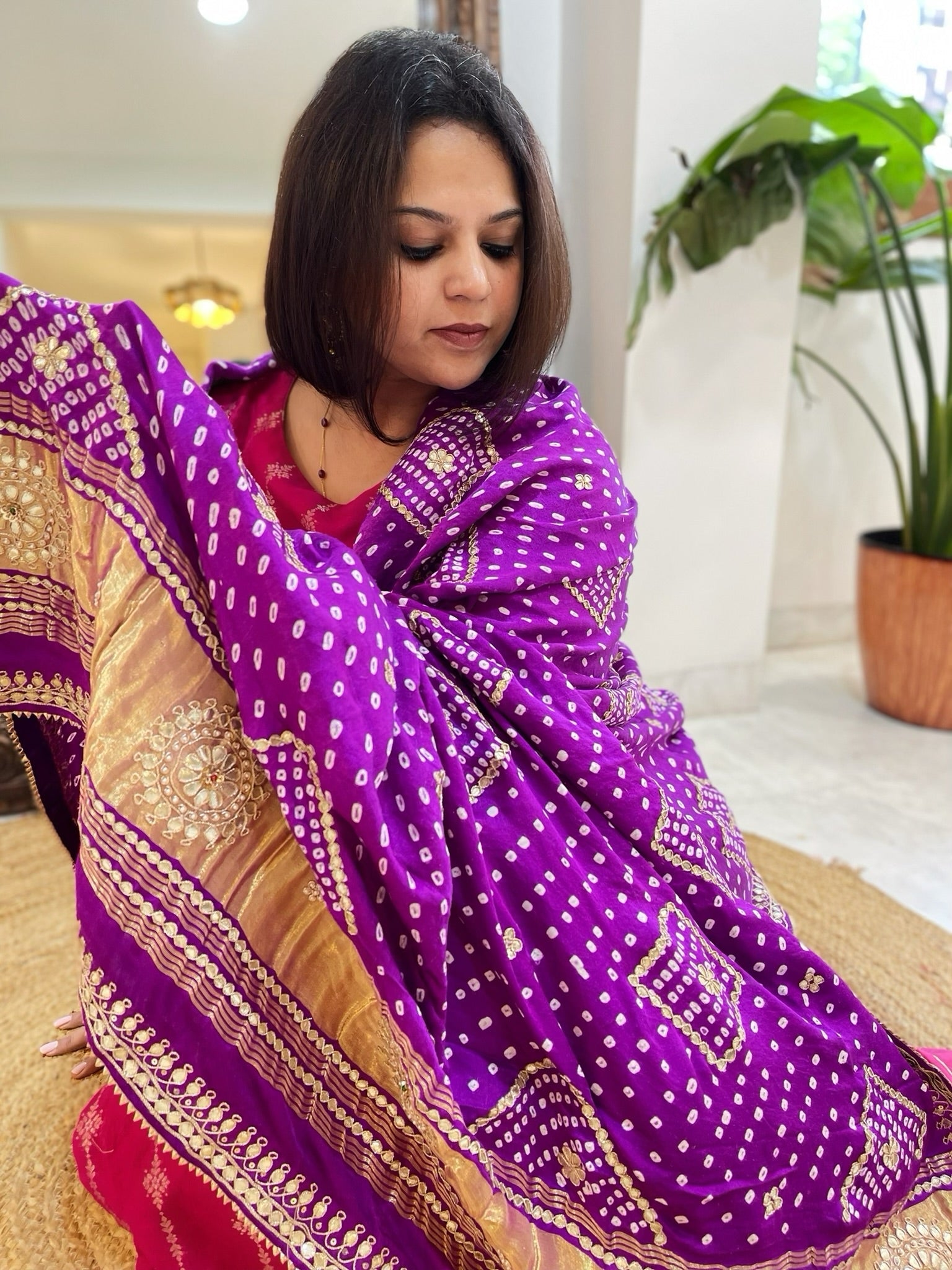 Purple Bandhani Dupatta with Gotapatti Handwork in Pure Silk - Masakalee