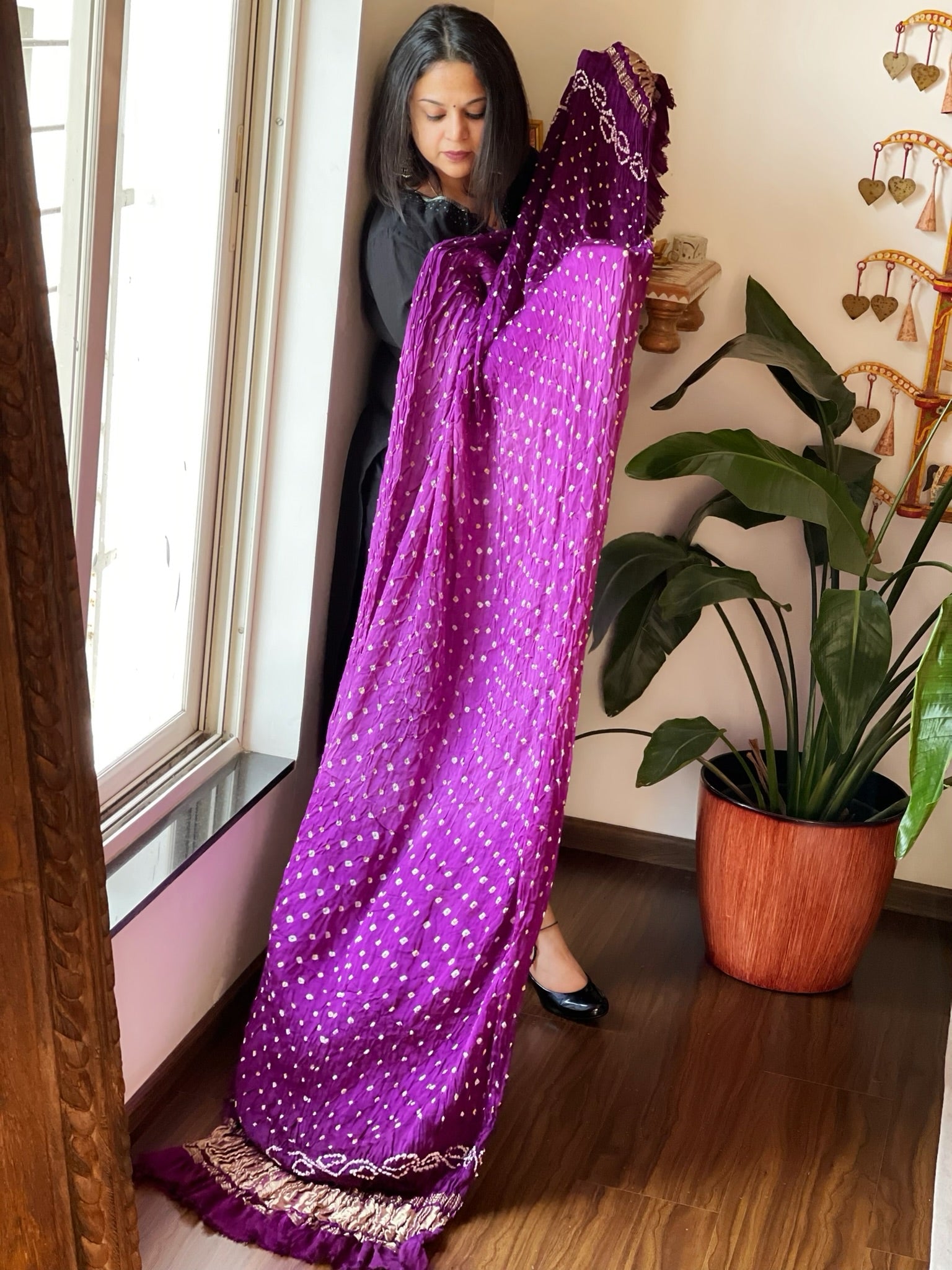 Purple Bandhani Dupatta with Zari Pallu in Modal Silk - Masakalee