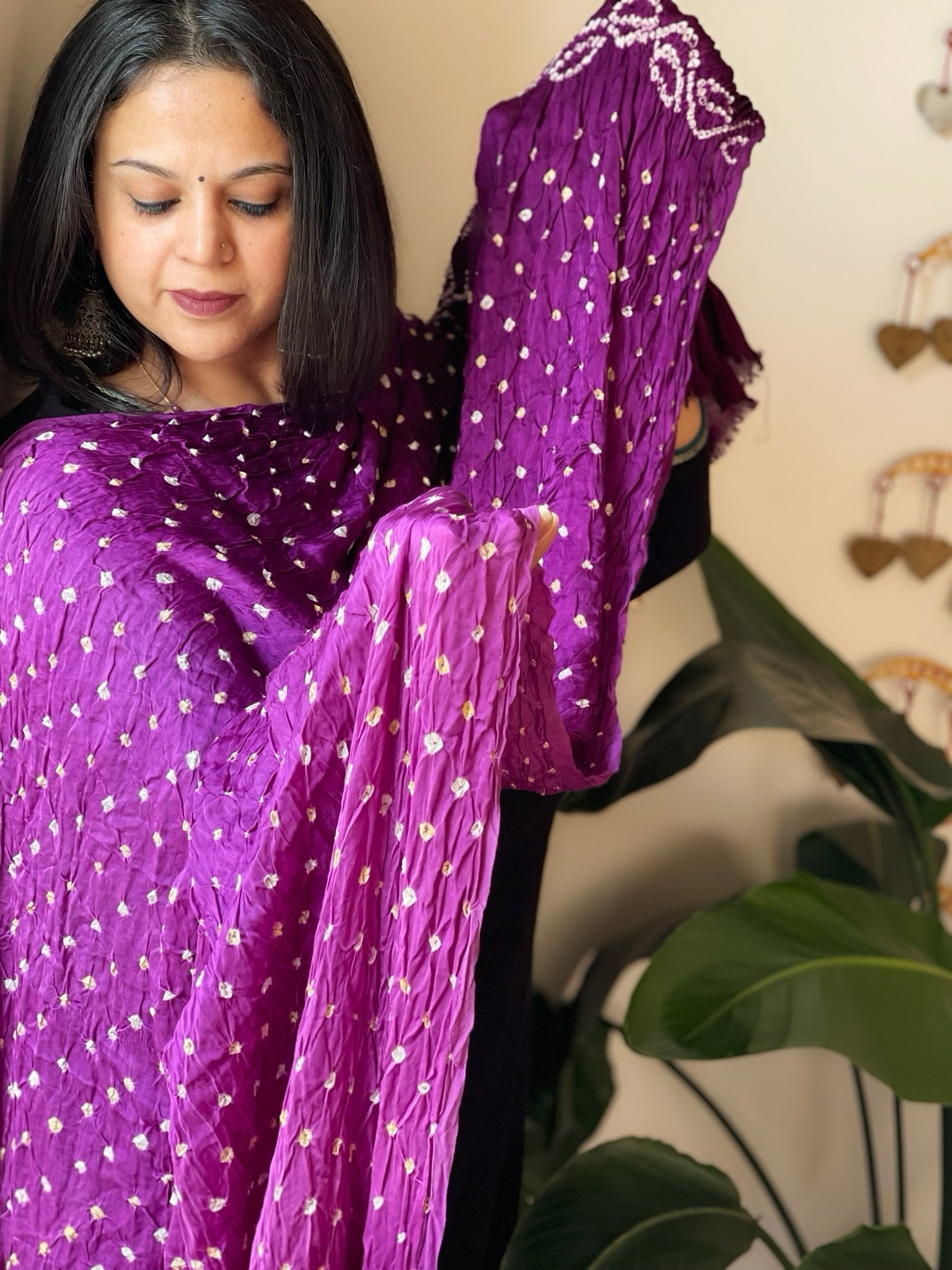 Purple Bandhani Dupatta with Zari Pallu in Modal Silk - Masakalee