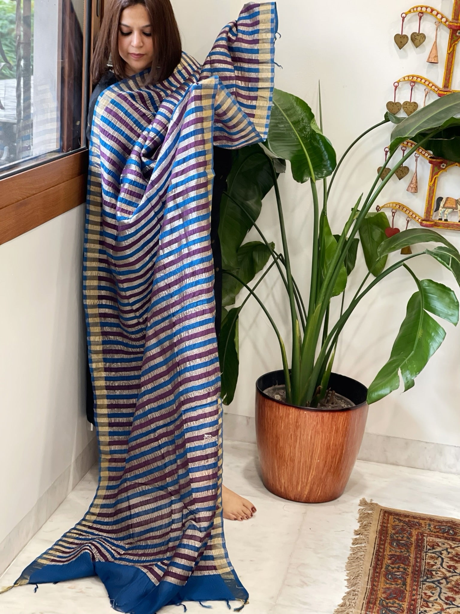 Purple, Blue Handwoven Chanderi Tissue Dupatta - Masakalee
