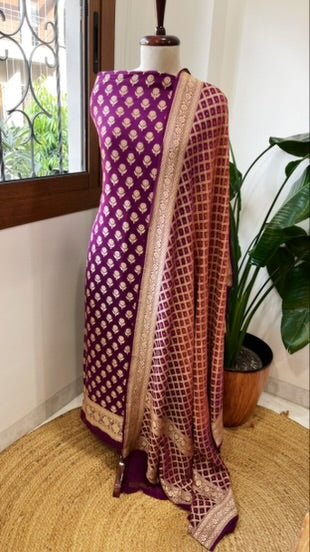 Purple, Carrot Pink Handwoven Banarasi Suit Set in Pure Georgette - Masakalee