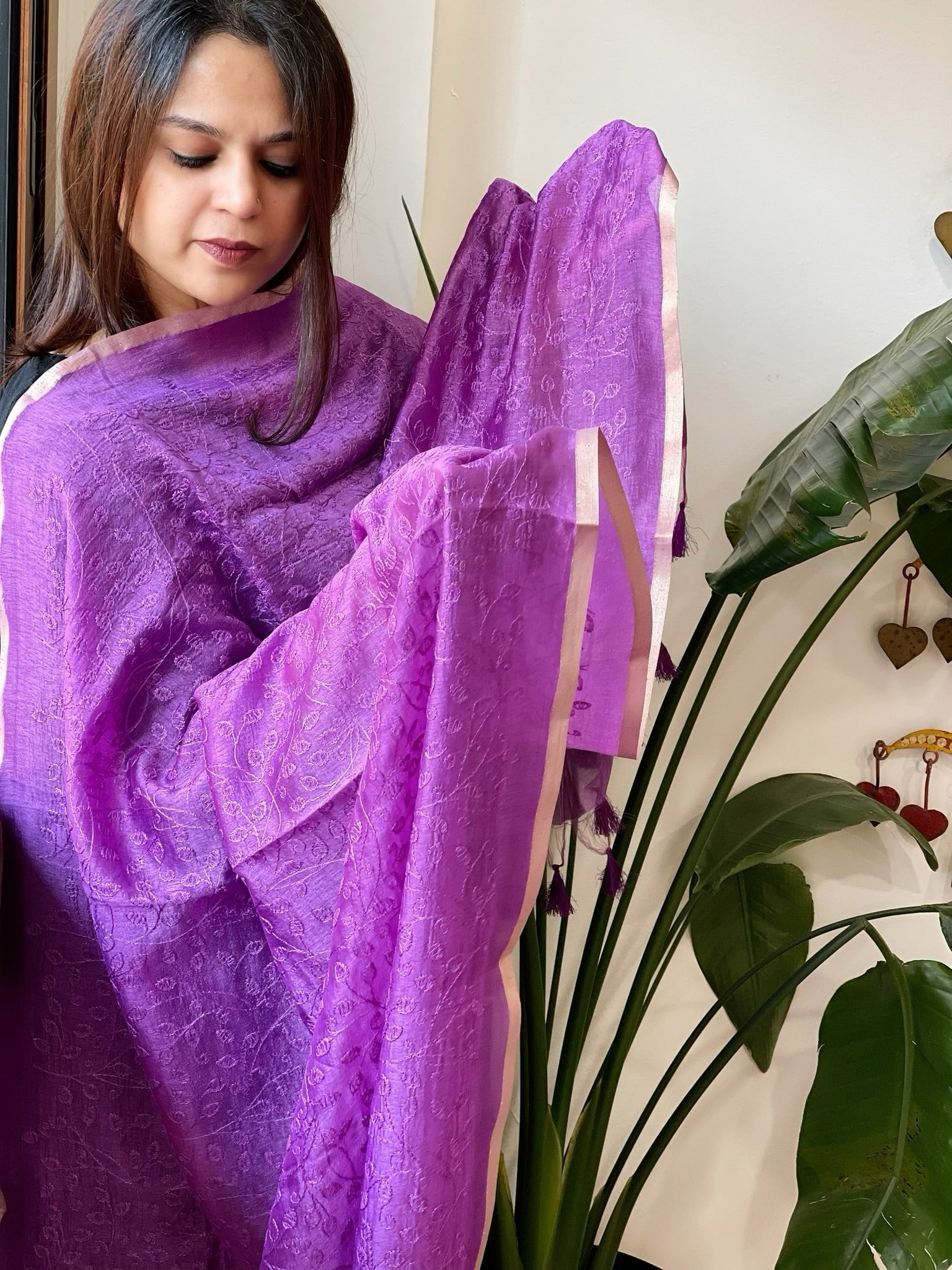 Purple Chanderi Dupatta with Thread Embroidery - Masakalee