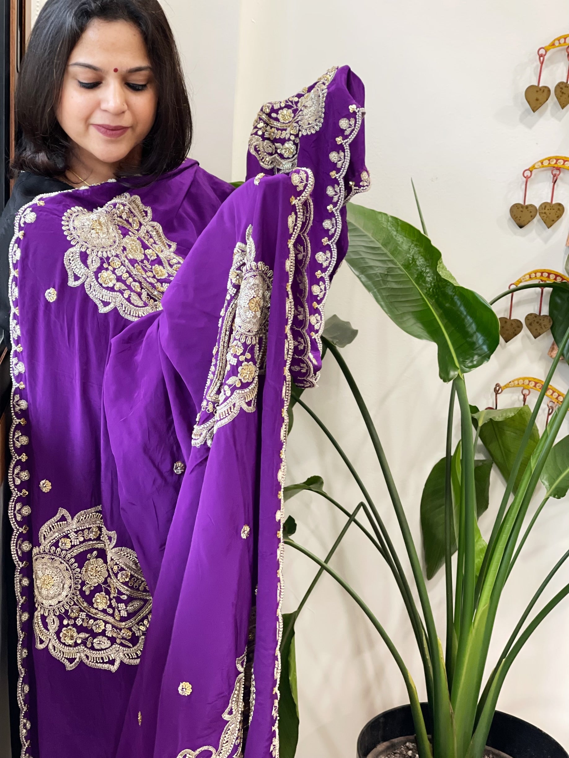 Purple Crepe Dupatta with Pearl, Cut Daana, Gold Thread & Sequin Embroidery - Masakalee