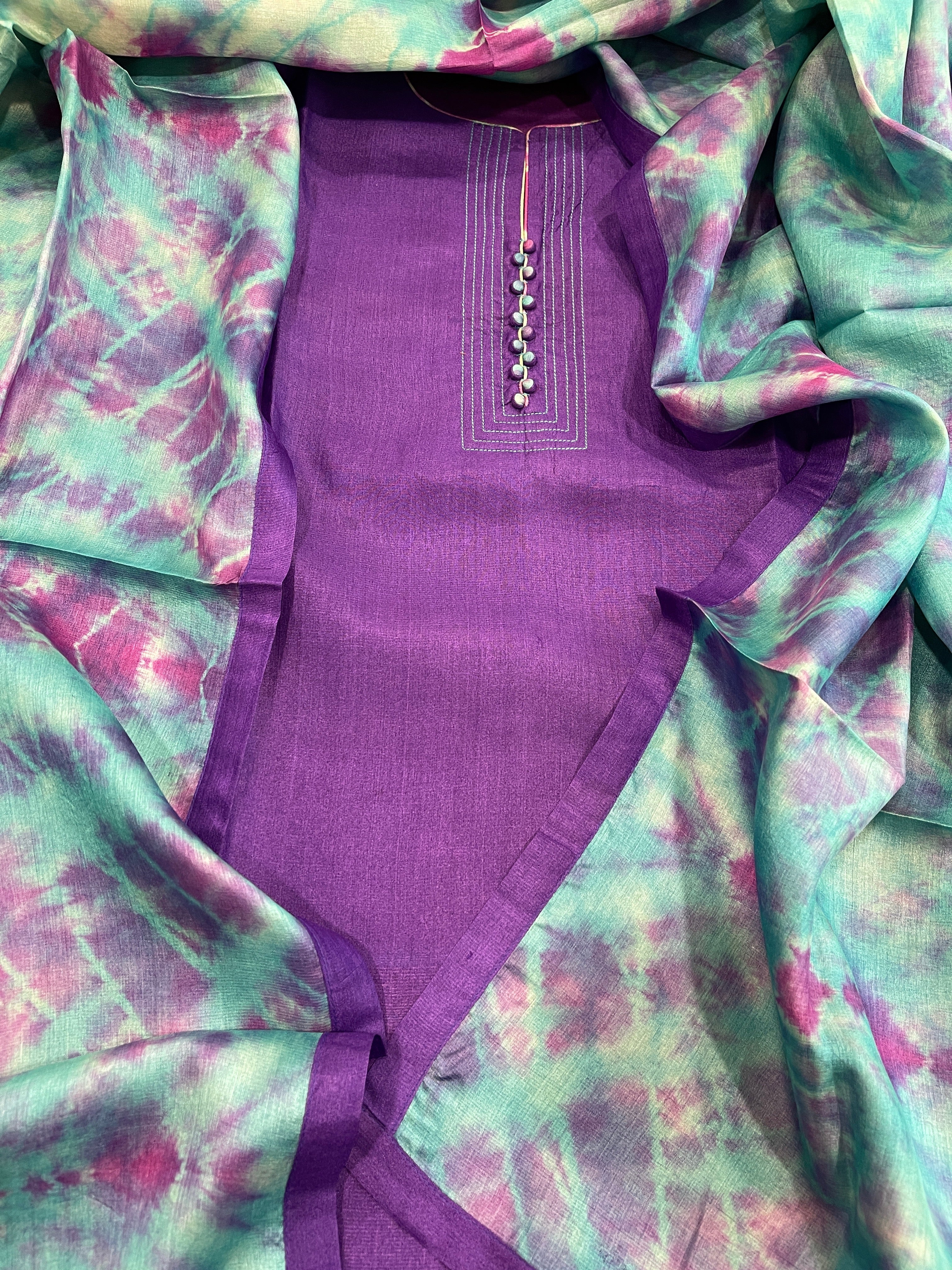 Purple Dupatta Set (Kurta+Dupatta) with Handblock Print in Pure Tussar Silk - Masakalee