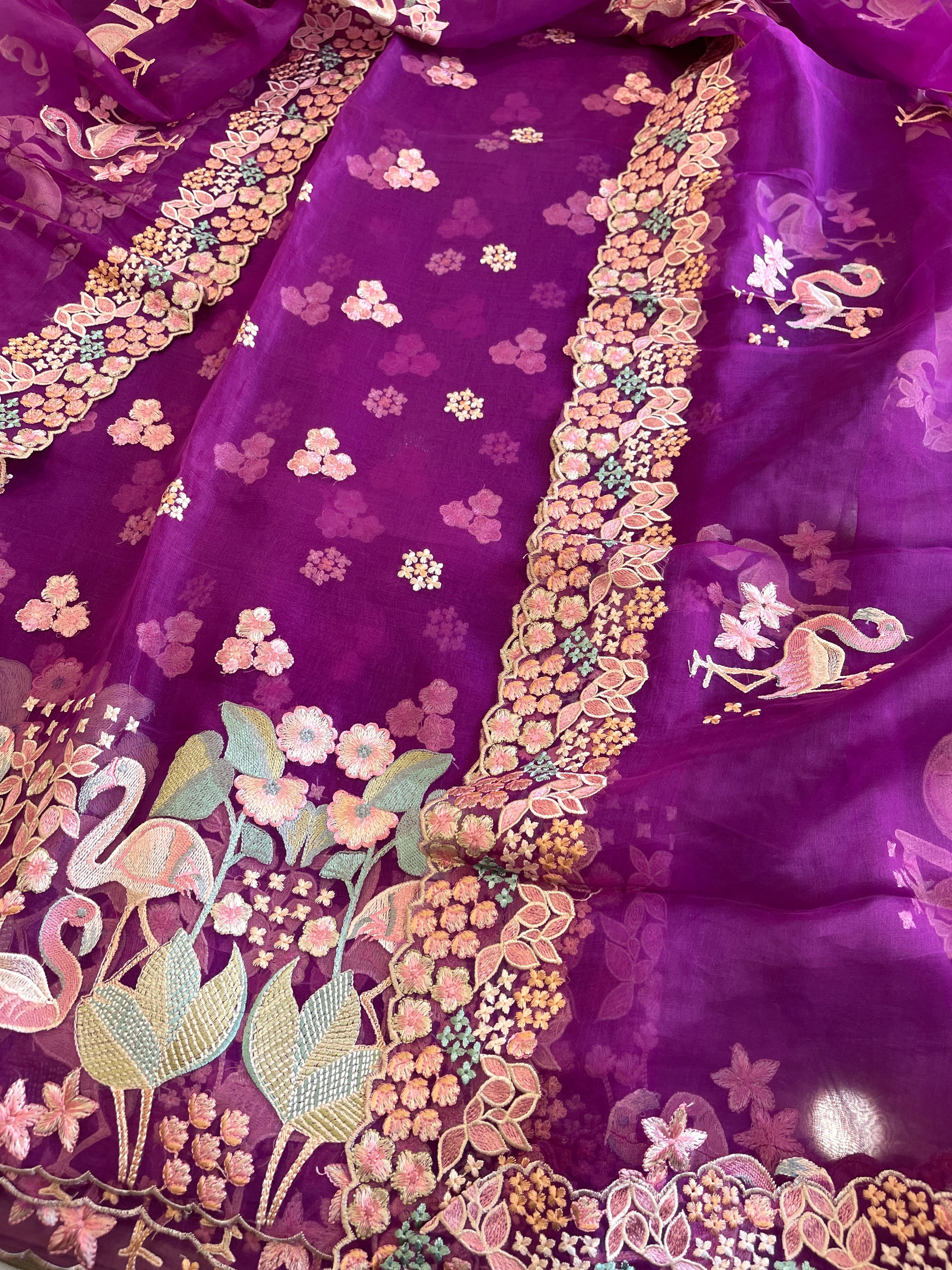Purple Dupatta Set (Kurta+Dupatta) with Thread Embroidery in Pure Organza - Masakalee