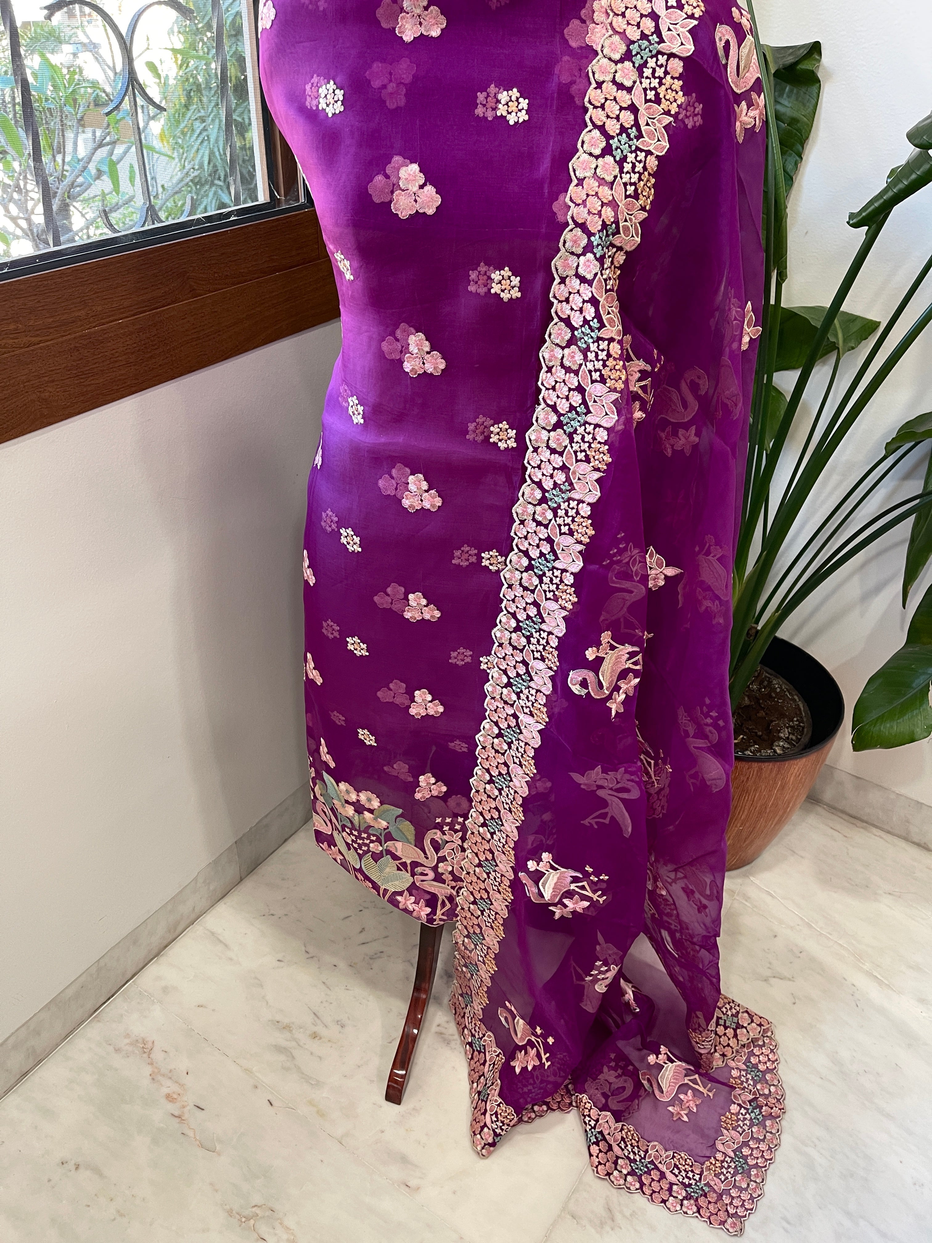 Purple Dupatta Set (Kurta+Dupatta) with Thread Embroidery in Pure Organza - Masakalee