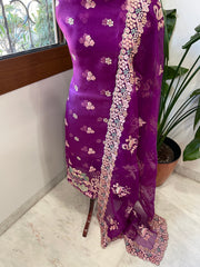 Purple Dupatta Set (Kurta+Dupatta) with Thread Embroidery in Pure Organza - Masakalee
