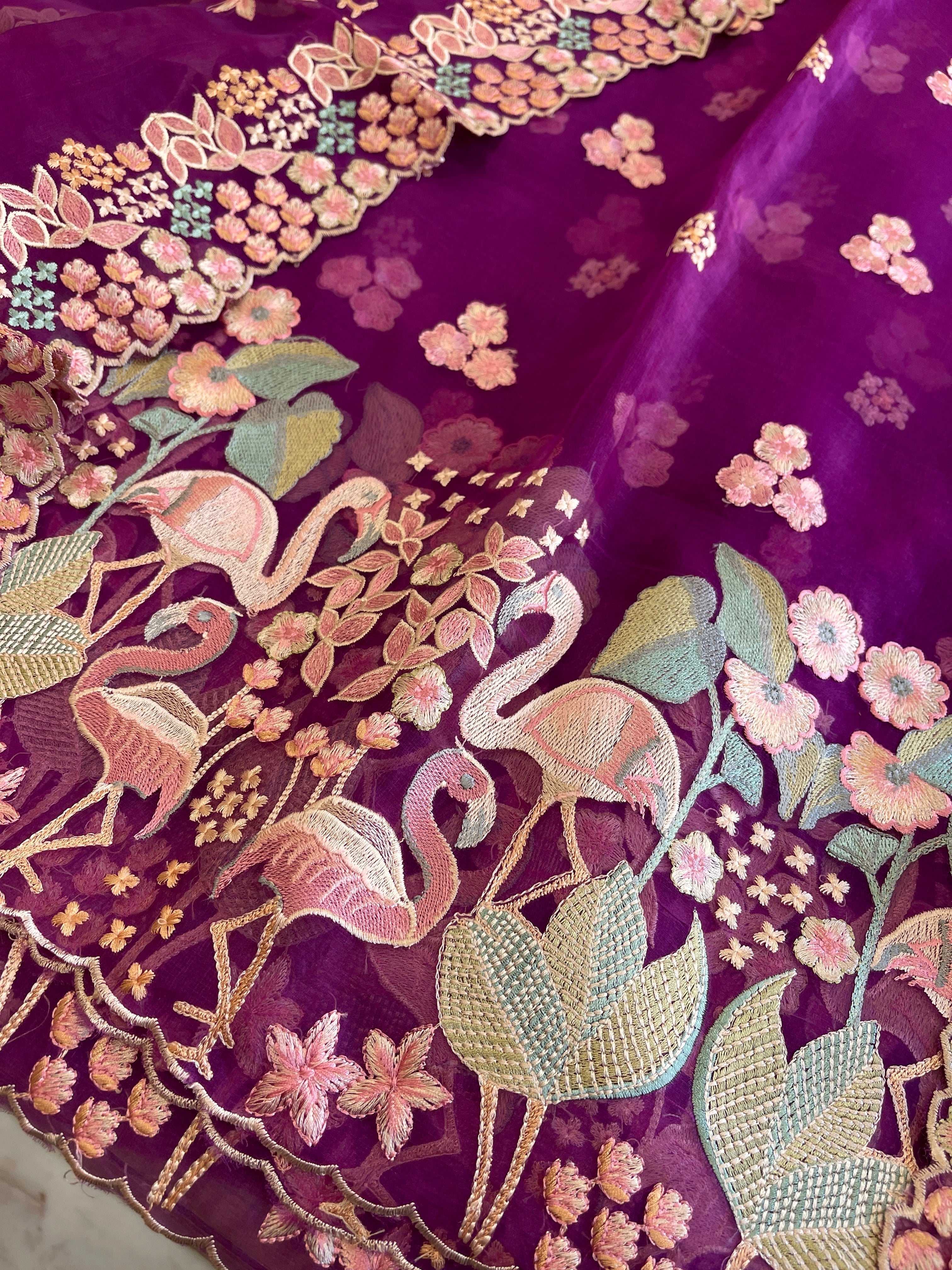 Purple Dupatta Set (Kurta+Dupatta) with Thread Embroidery in Pure Organza - Masakalee