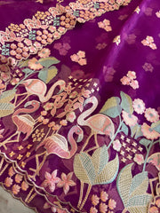 Purple Dupatta Set (Kurta+Dupatta) with Thread Embroidery in Pure Organza - Masakalee