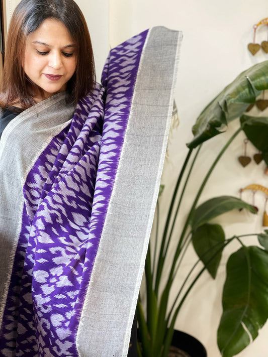 Purple, Grey Handwoven Ikat Dupatta in Cotton - Masakalee